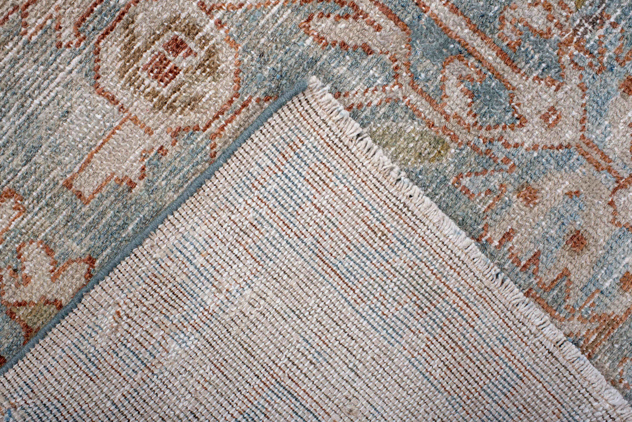 4' x 6' one-of-a-kind handmade antique Lilian small size rug. Color palette: light blue, ivory, rust, taupe, pale gold, sage