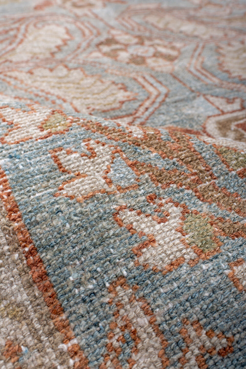 4' x 6' one-of-a-kind handmade antique Lilian small size rug. Color palette: light blue, ivory, rust, taupe, pale gold, sage