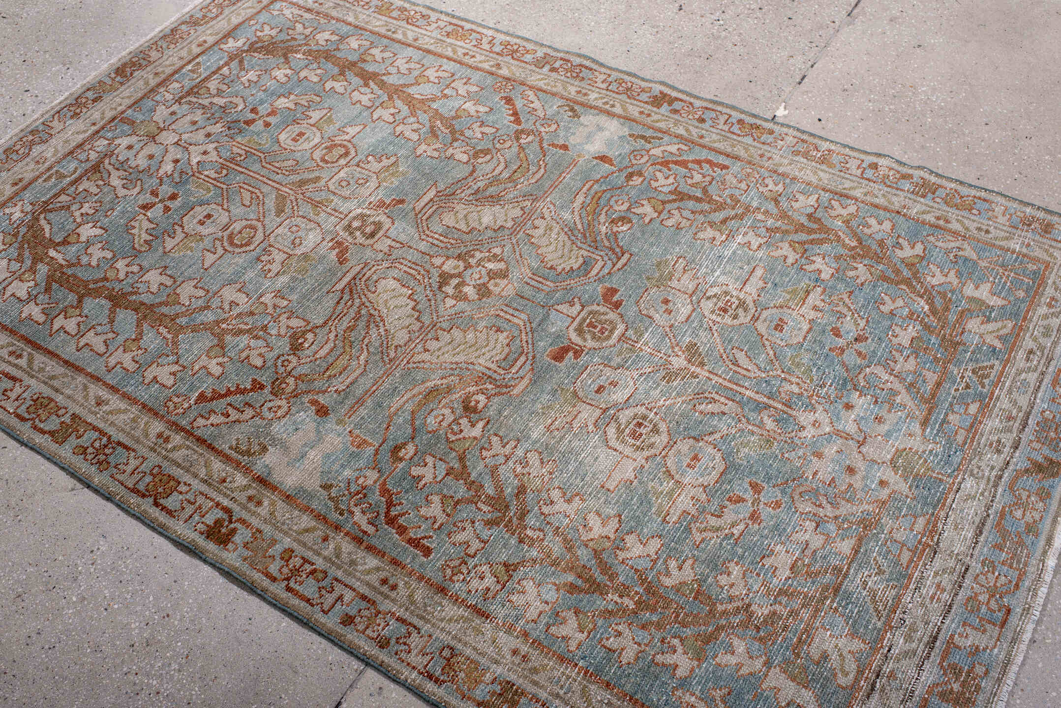 4' x 6' one-of-a-kind handmade antique Lilian small size rug. Color palette: light blue, ivory, rust, taupe, pale gold, sage