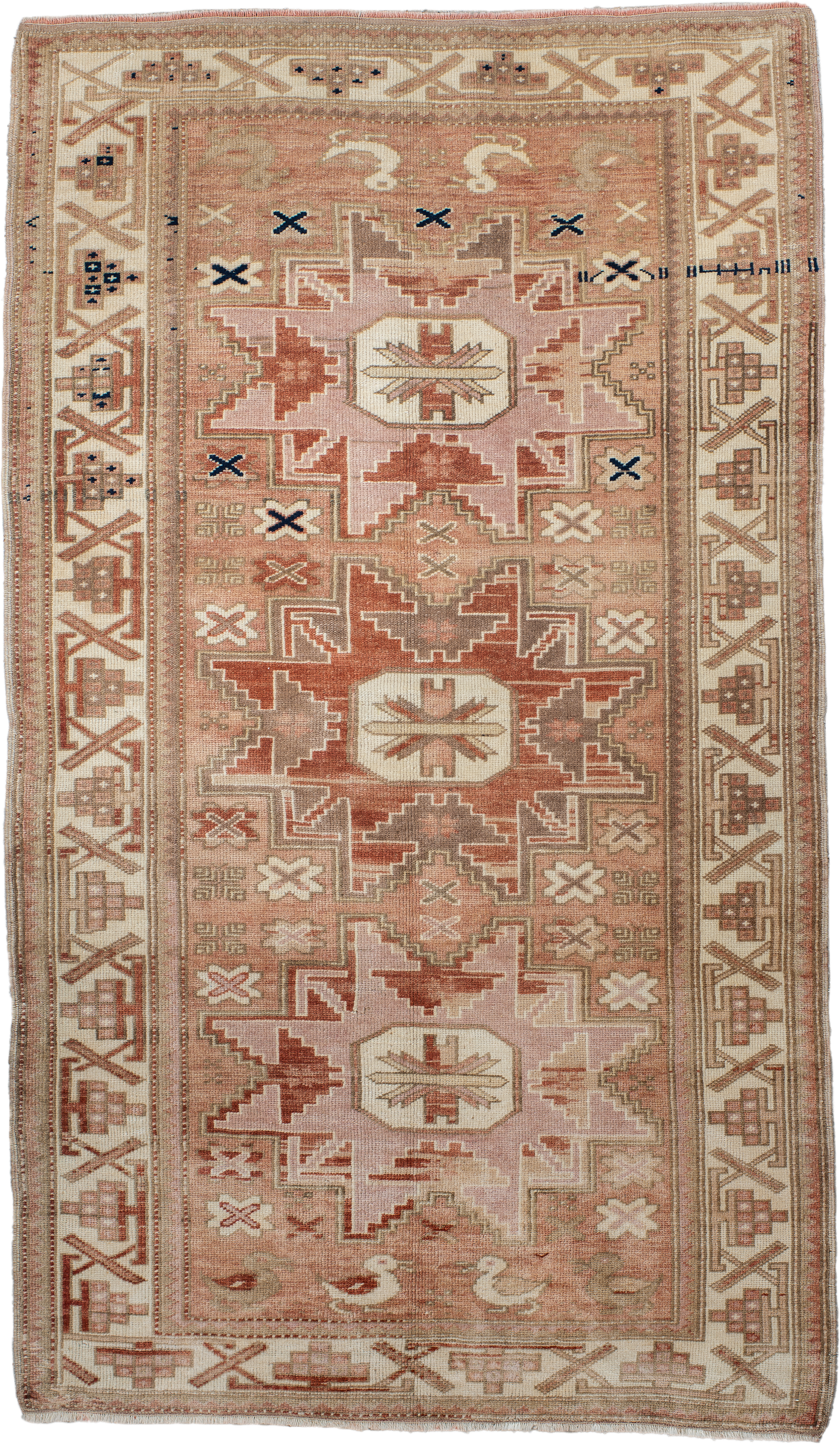 3' x 6' one-of-a-kind handmade antique Anatolian small size rug. Color palette: blush, ivory, terra cotta, taupe, rust