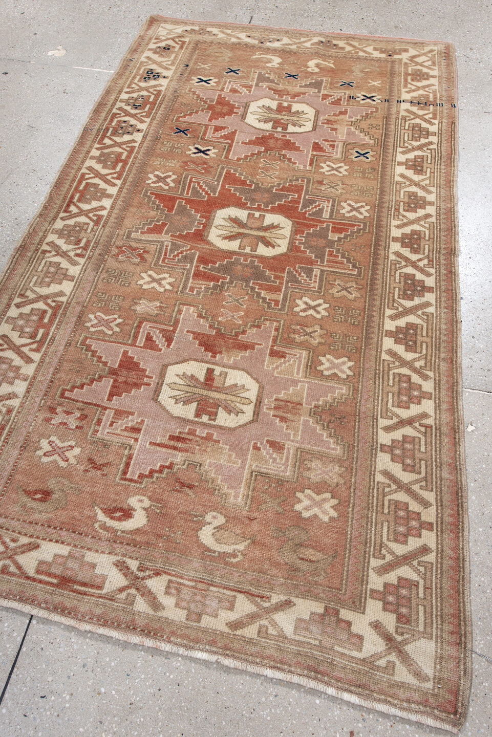 3' x 6' one-of-a-kind handmade vintage Anatol small size rug. Color palette: brown, light gray, off-white, orange, pink, tan