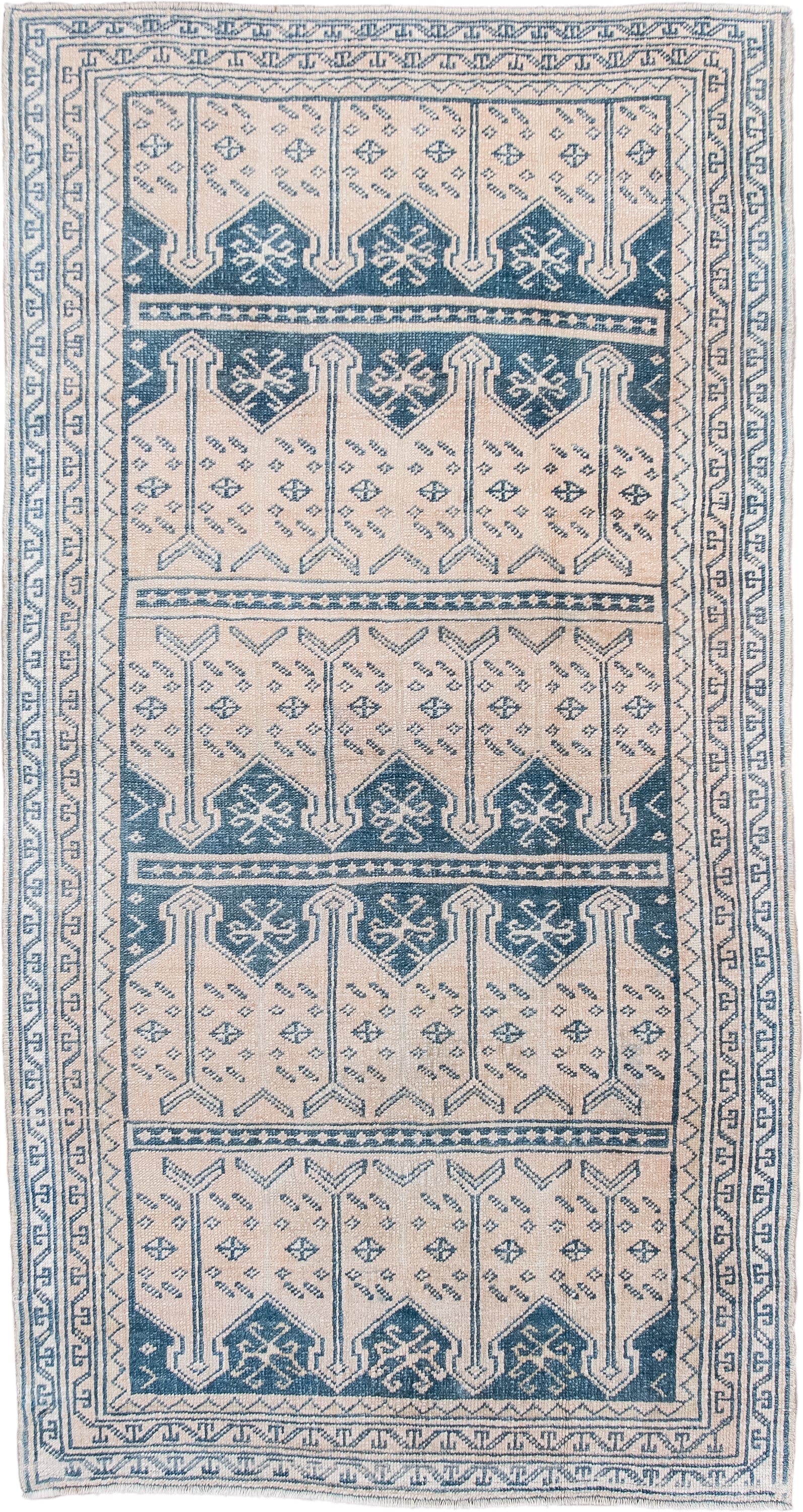 3' x 6' one-of-a-kind handmade antique Anatolian small size rug. Color palette: ivory, indigo, slate, cream, purple, gray