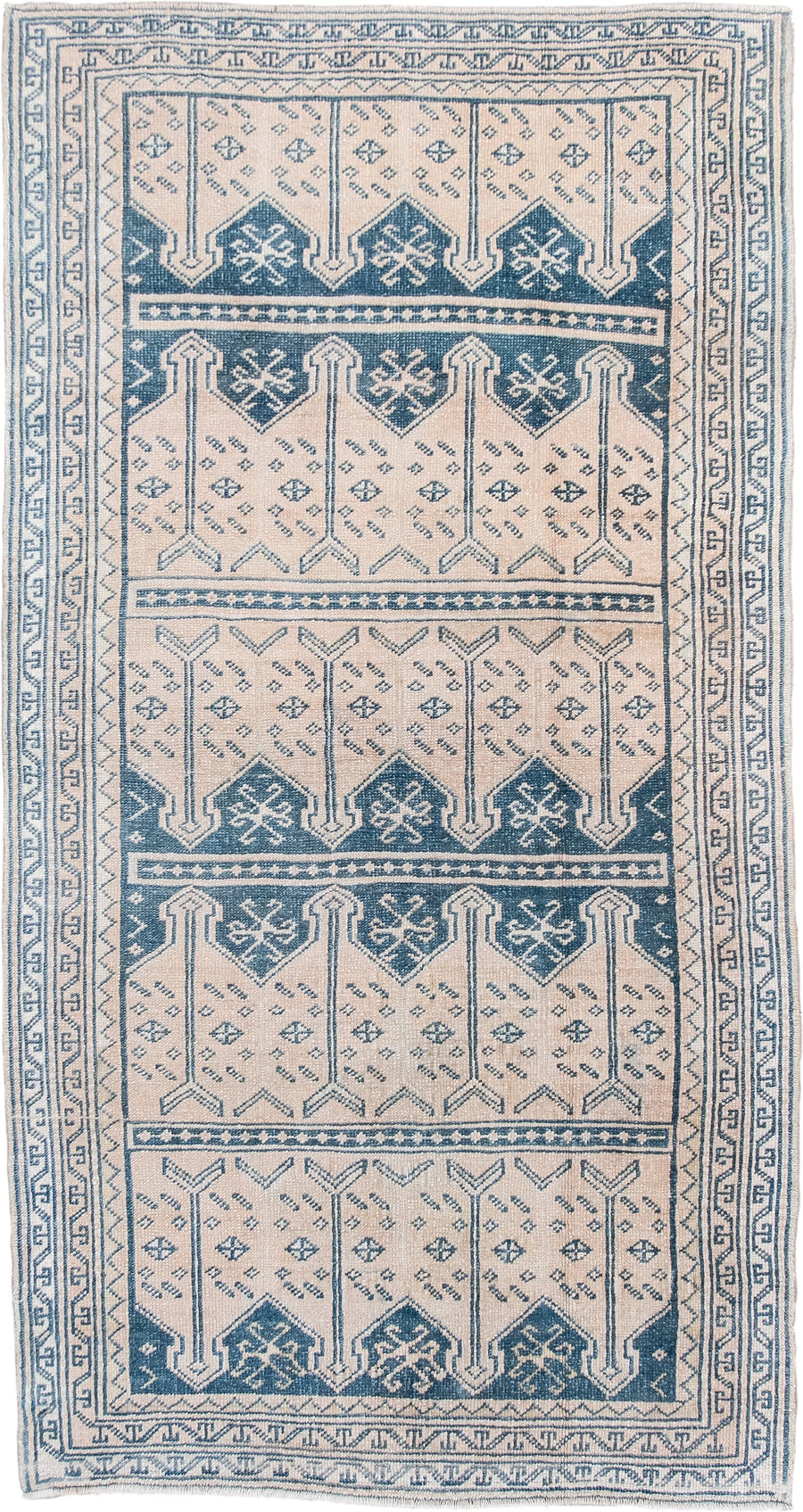 3' x 6' one-of-a-kind handmade antique Anatolian small size rug. Color palette: ivory, indigo, slate, cream, purple, gray