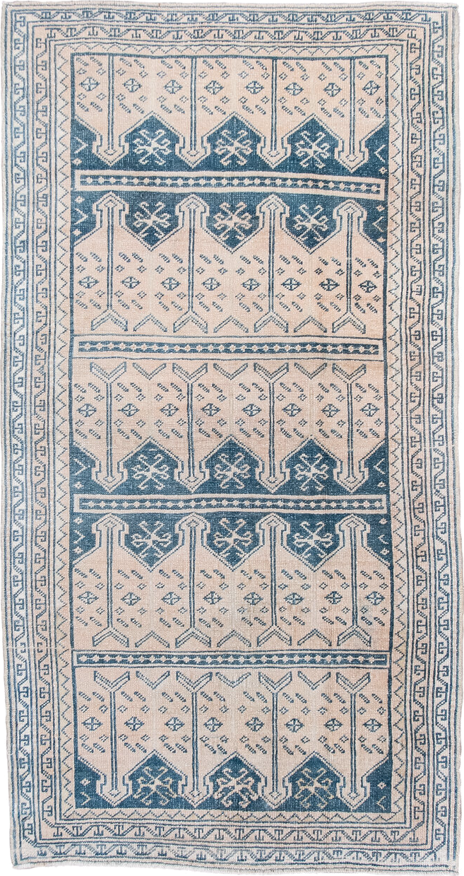 3' x 6' one-of-a-kind handmade antique Anatolian small size rug. Color palette: ivory, indigo, slate, cream, purple, gray