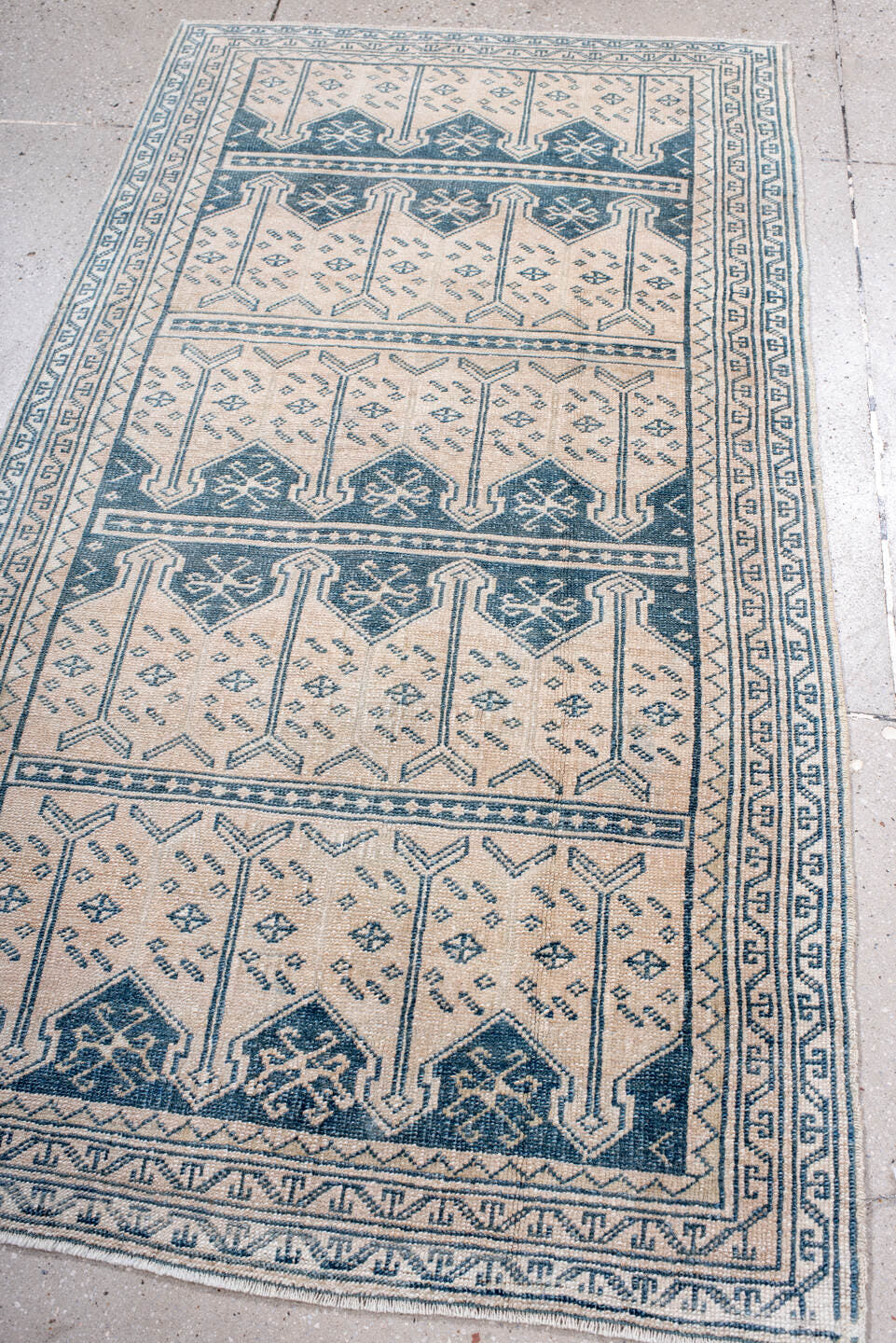 3' x 6' one-of-a-kind handmade antique Anatolian small size rug. Color palette: ivory, indigo, slate, cream, purple, gray