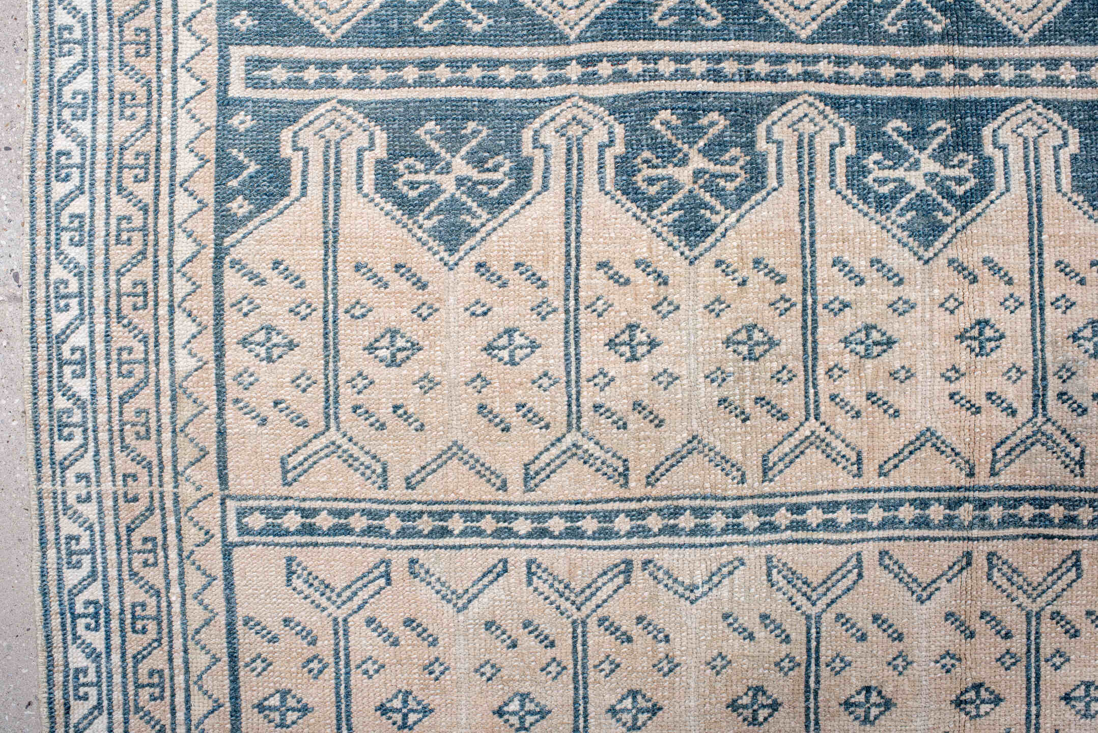 3' x 6' one-of-a-kind handmade antique Anatolian small size rug. Color palette: ivory, indigo, slate, cream, purple, gray