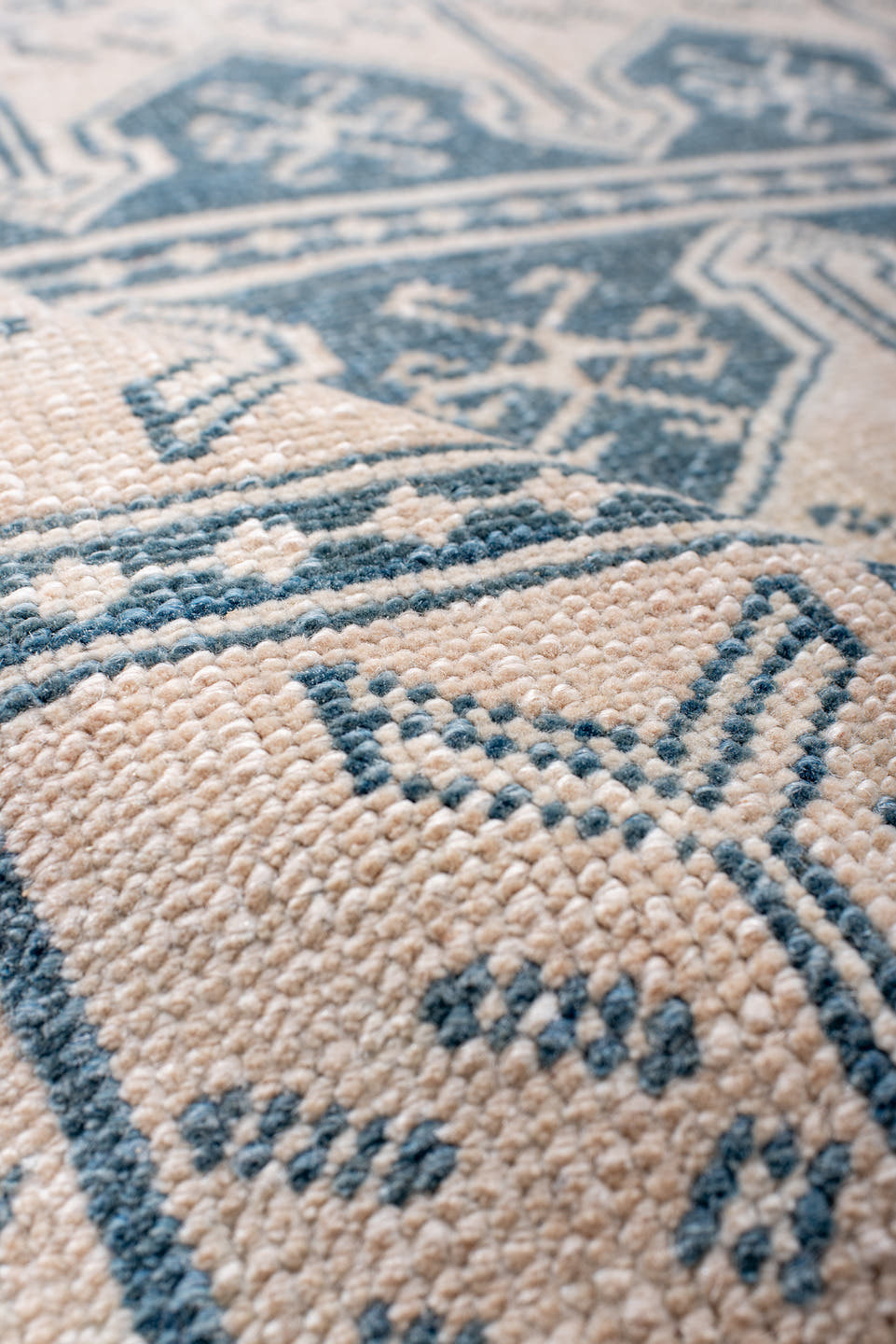 3' x 6' one-of-a-kind handmade antique Anatolian small size rug. Color palette: ivory, indigo, slate, cream, purple, gray