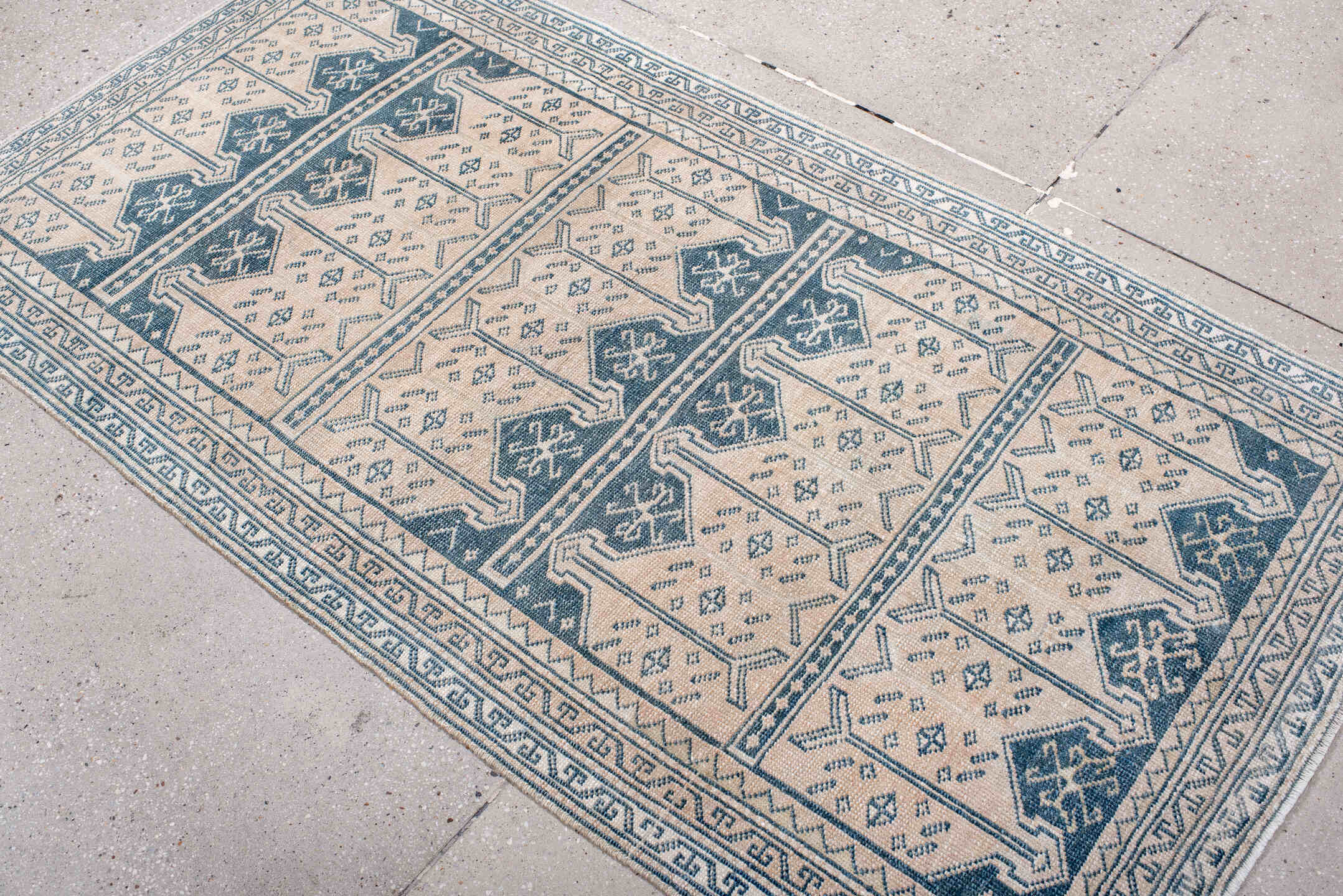 3' x 6' one-of-a-kind handmade antique Anatolian small size rug. Color palette: ivory, indigo, slate, cream, purple, gray