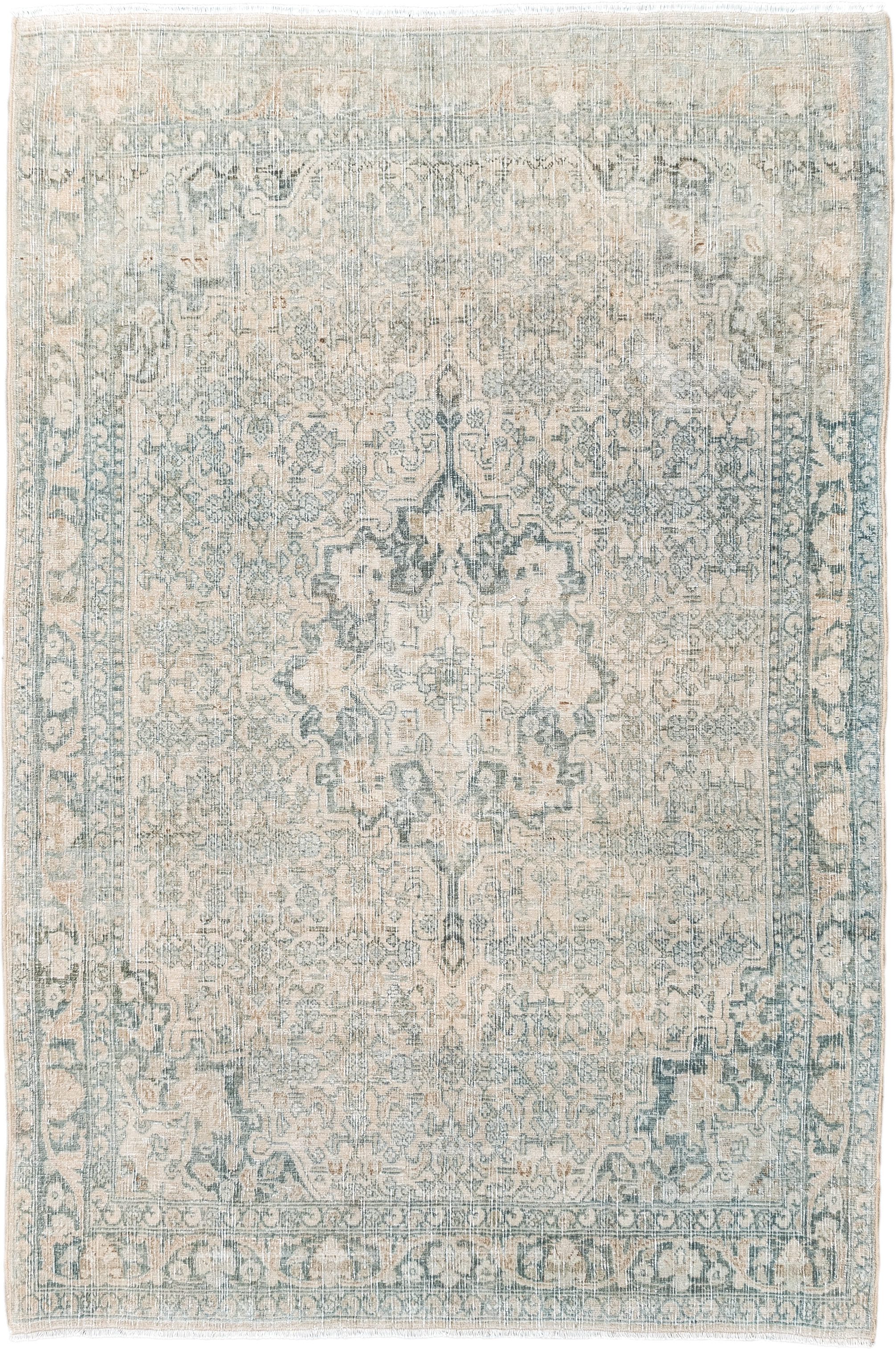 3' x 5' one-of-a-kind handmade antique Bidjar small size rug. Color palette: ivory, pale blue, cream, taupe, sage, beige