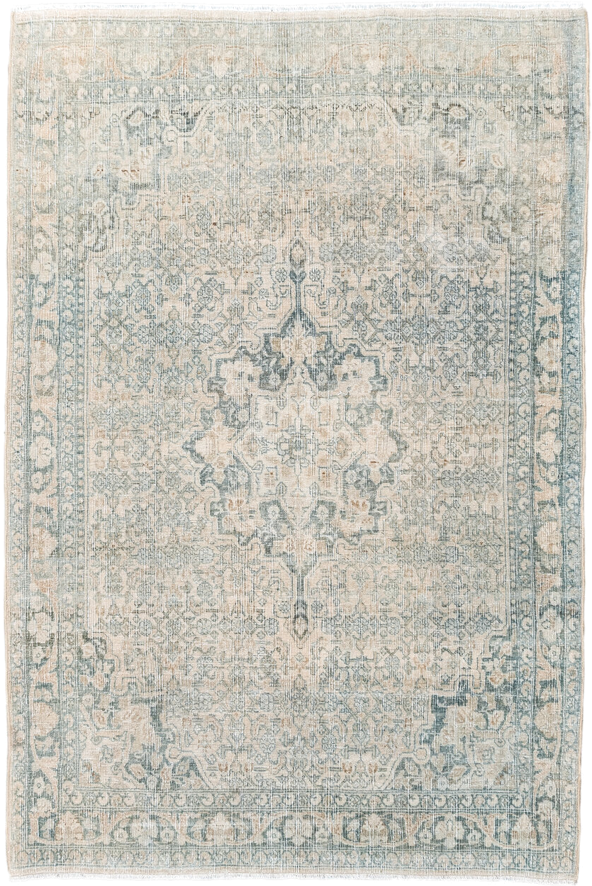 3' x 5' one-of-a-kind handmade antique Bidjar small size rug. Color palette: ivory, pale blue, cream, taupe, sage, beige