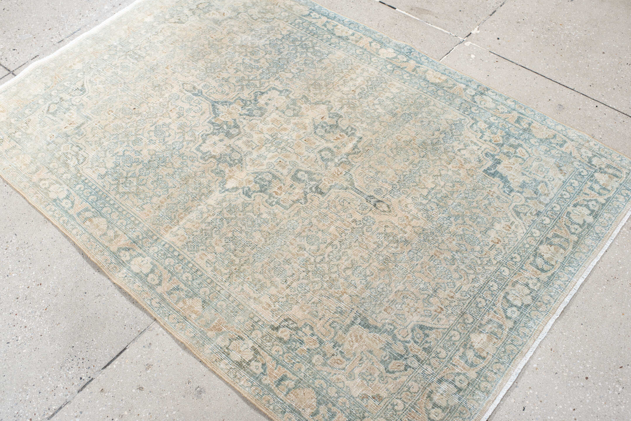 3' x 5' one-of-a-kind handmade antique Bidjar small size rug. Color palette: ivory, pale blue, cream, taupe, sage, beige