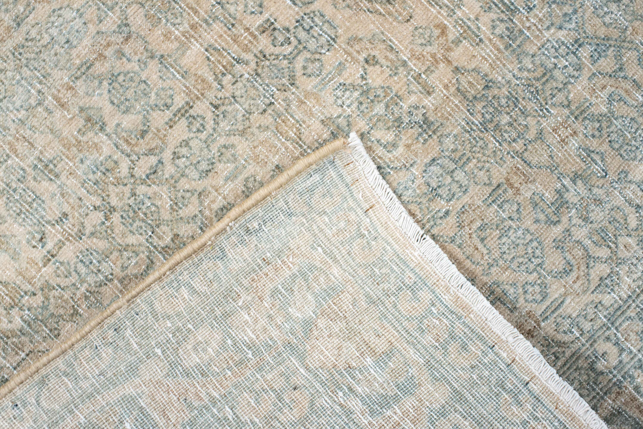 3' x 5' one-of-a-kind handmade antique Bidjar small size rug. Color palette: ivory, pale blue, cream, taupe, sage, beige