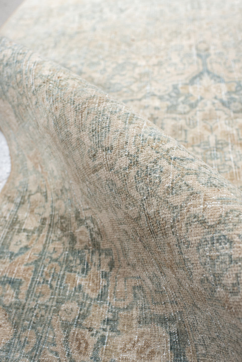 3' x 5' one-of-a-kind handmade antique Bidjar small size rug. Color palette: ivory, pale blue, cream, taupe, sage, beige