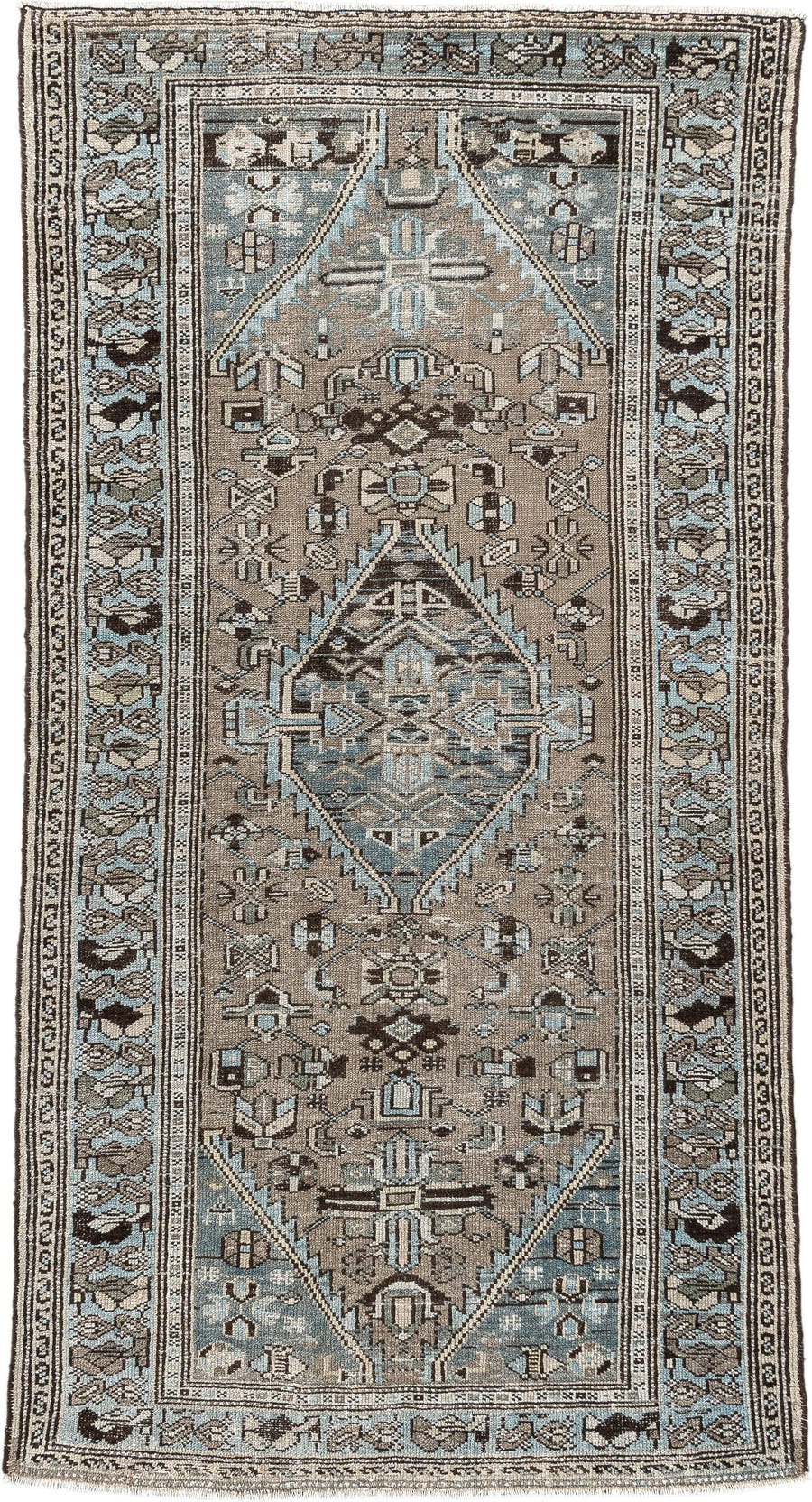 2' x 6' one-of-a-kind handmade antique Hamadan runner rug. Color palette: taupe, powder blue, ivory, charcoal, brown, beige