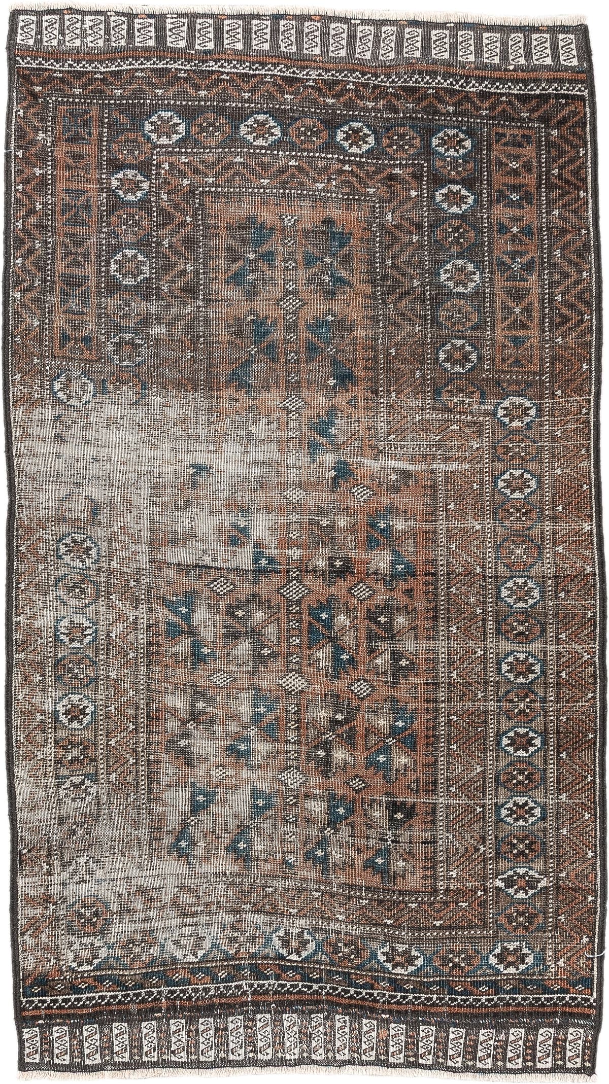 2' x 4' one-of-a-kind handmade antique Belouch small size rug. Color palette: rust, indigo, ivory, charcoal, camel, taupe