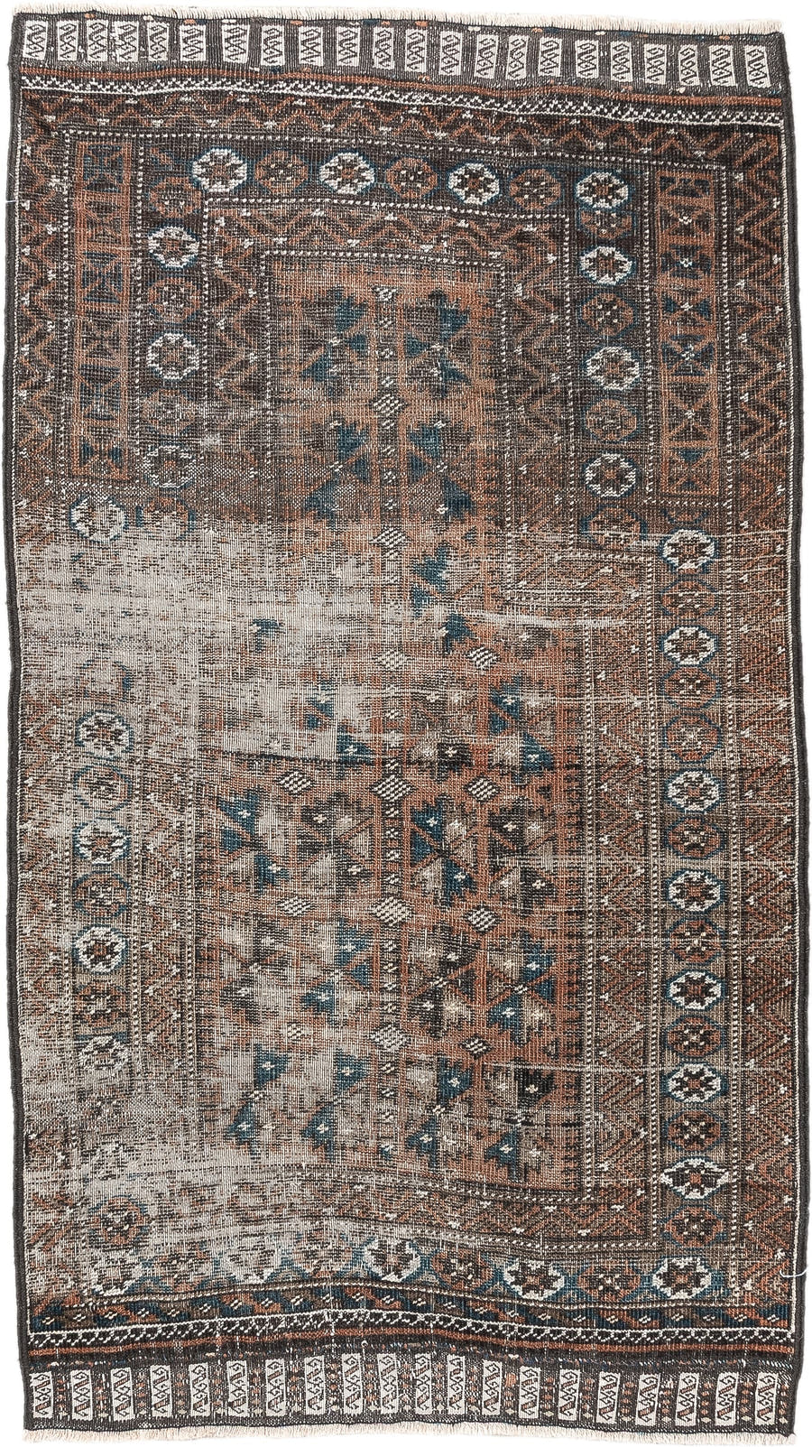 2' x 4' one-of-a-kind handmade antique Belouch small size rug. Color palette: rust, indigo, ivory, charcoal, camel, taupe
