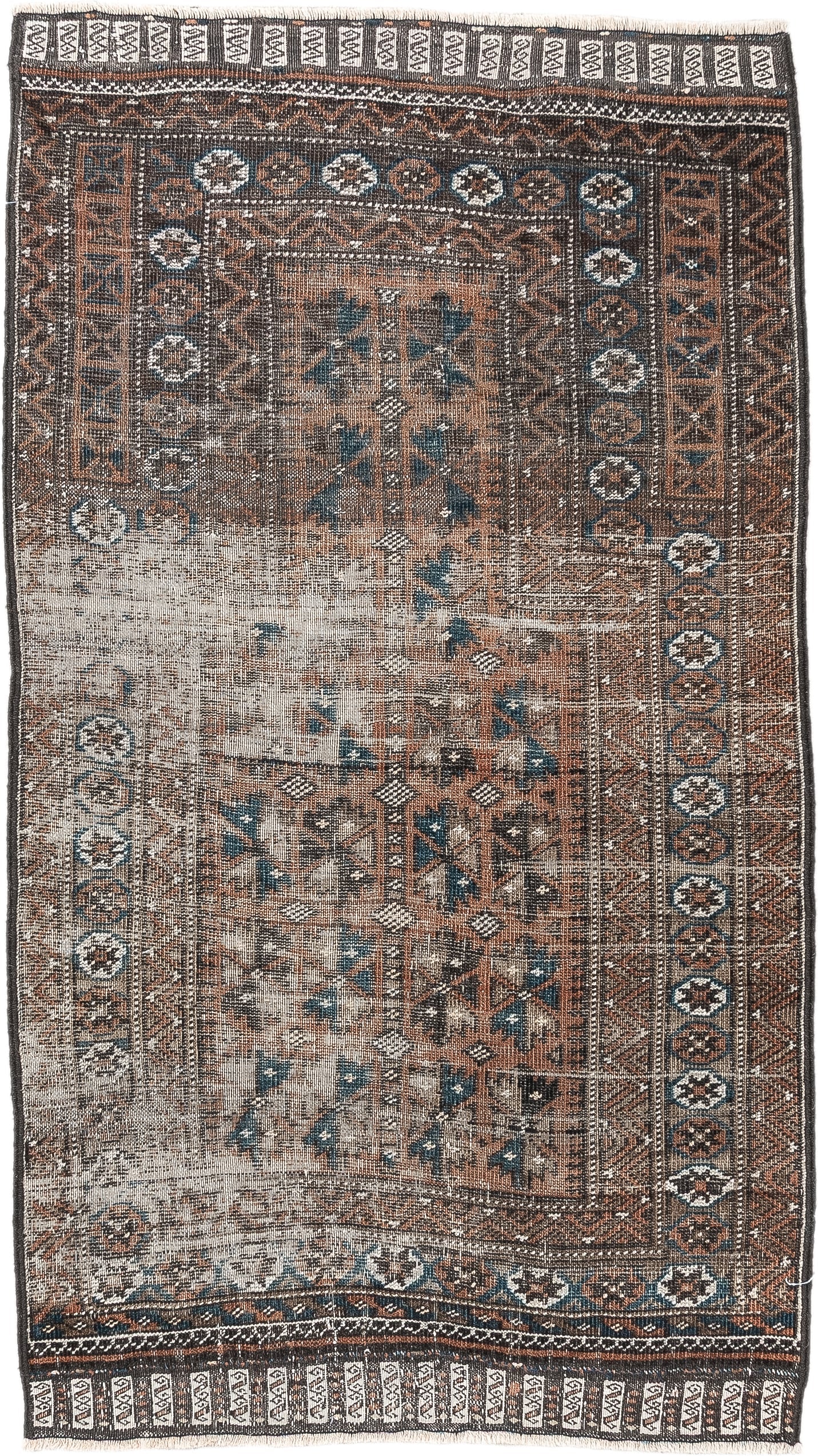 2' x 4' one-of-a-kind handmade antique Belouch small size rug. Color palette: rust, indigo, ivory, charcoal, camel, taupe