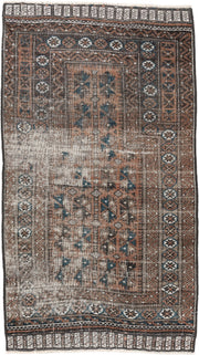 2' x 4' one-of-a-kind handmade antique Belouch small size rug. Color palette: rust, indigo, ivory, charcoal, camel, taupe