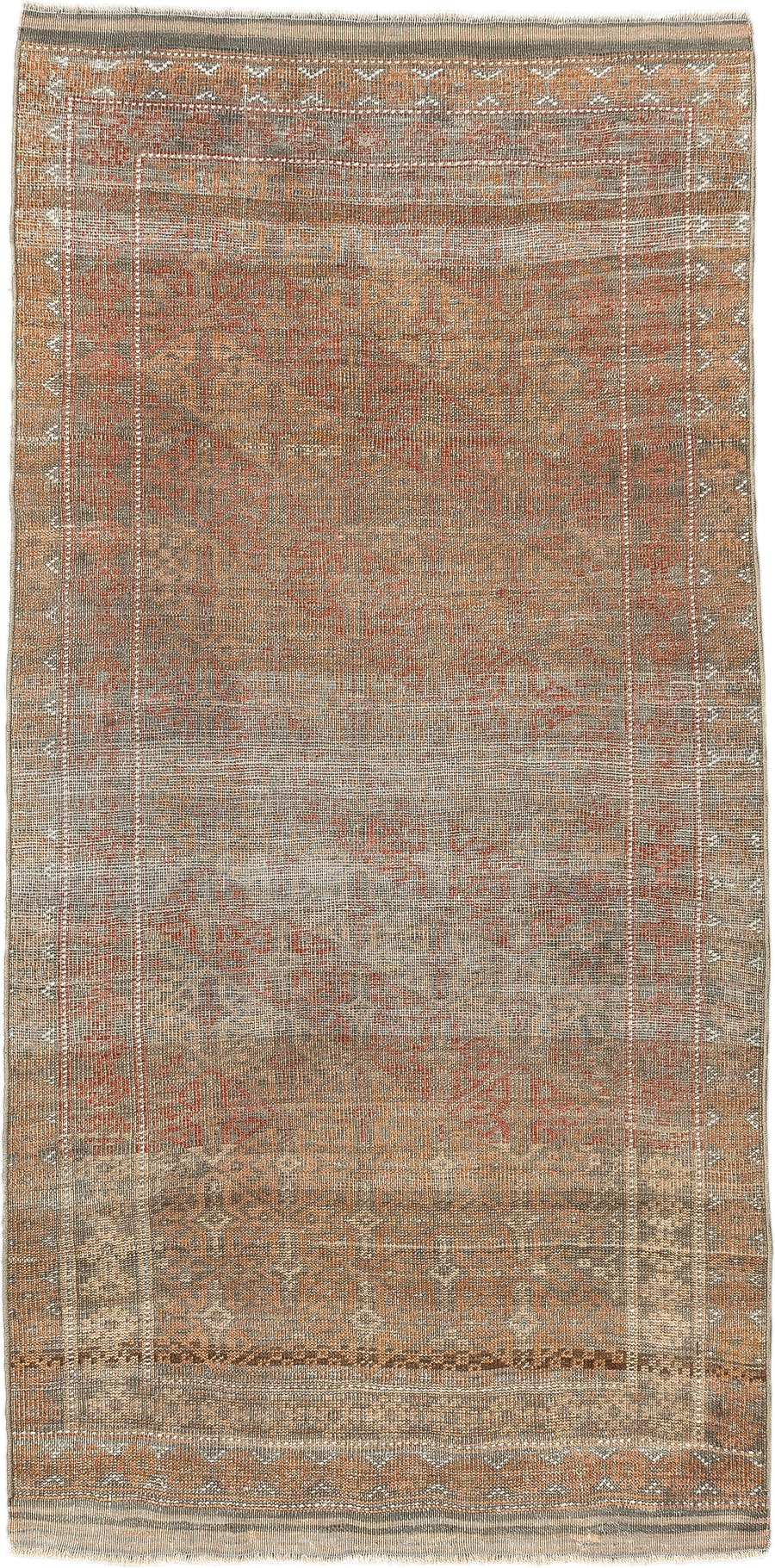 2' x 5' one-of-a-kind handmade antique Belouch small size rug. Color palette: taupe, rust, ivory, camel, brown, charcoal