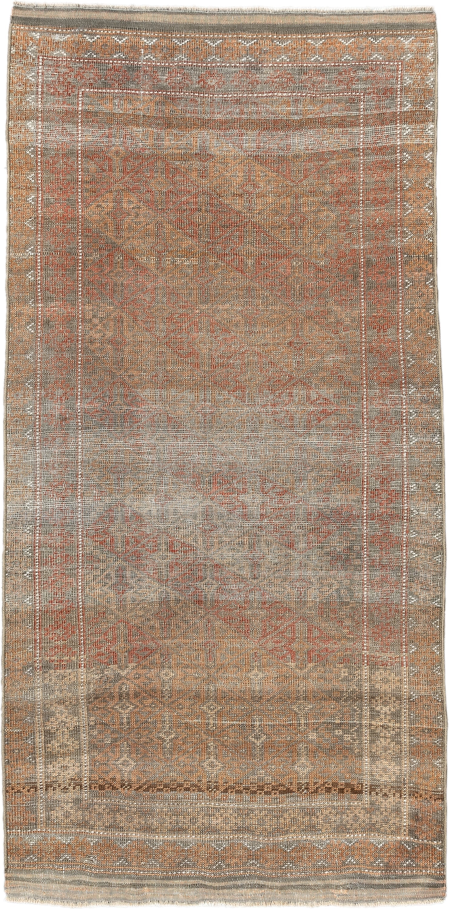 2' x 5' one-of-a-kind handmade antique Belouch small size rug. Color palette: taupe, rust, ivory, camel, brown, charcoal