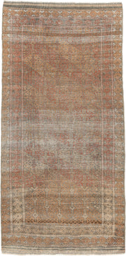 2' x 5' one-of-a-kind handmade antique Belouch small size rug. Color palette: taupe, rust, ivory, camel, brown, charcoal
