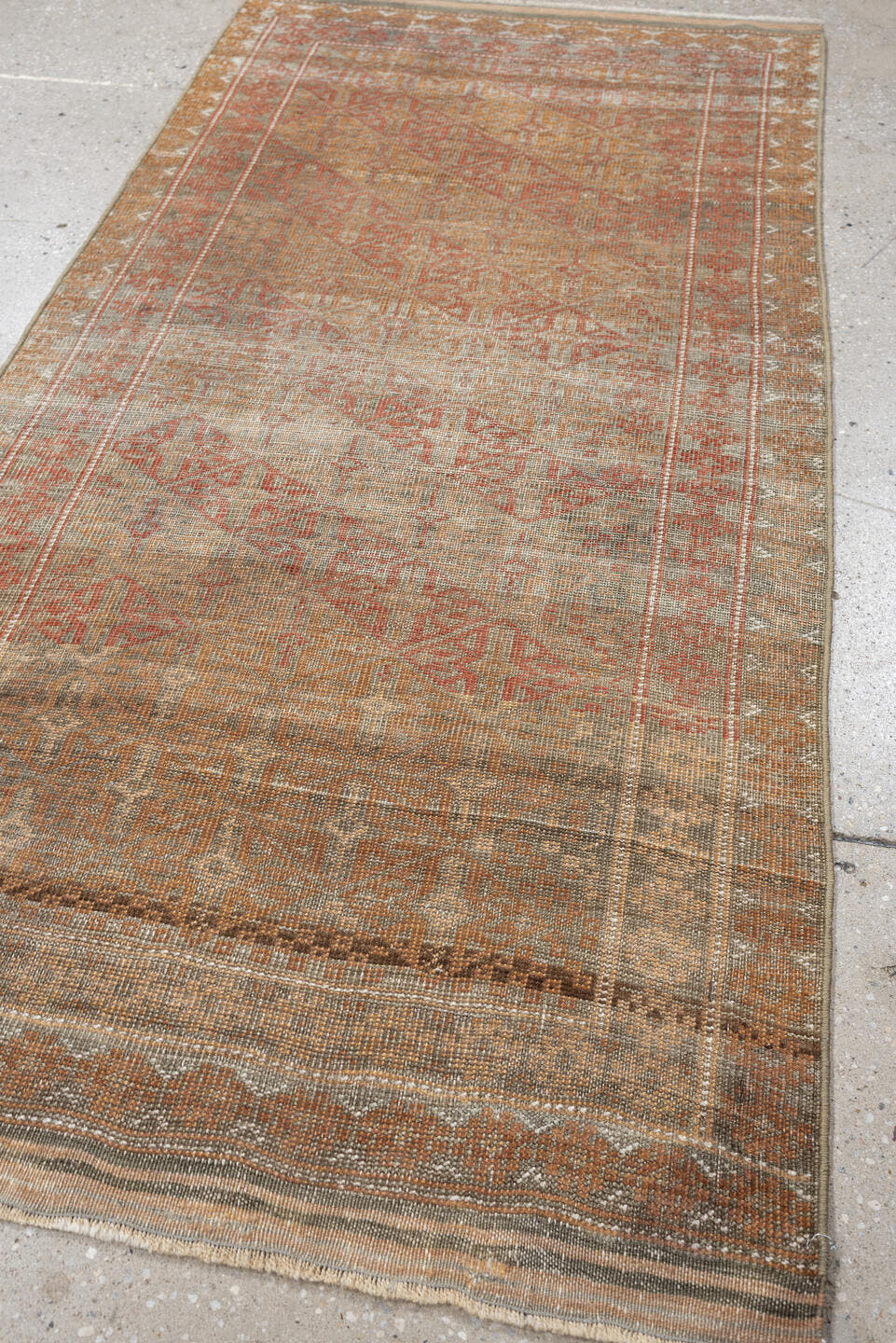 2' x 5' one-of-a-kind handmade antique Belouch small size rug. Color palette: taupe, rust, ivory, camel, brown, charcoal