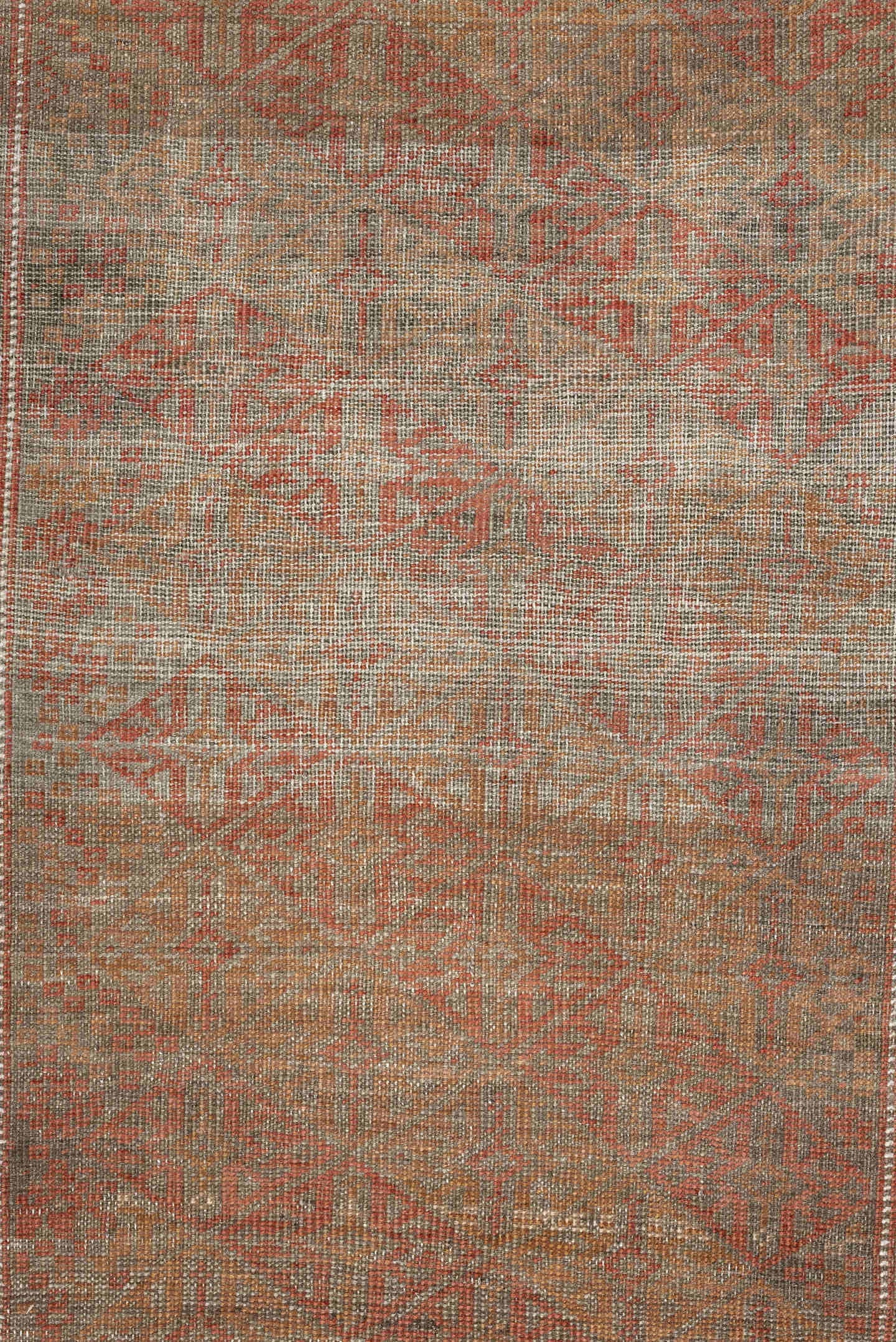 2' x 5' one-of-a-kind handmade antique Belouch small size rug. Color palette: taupe, rust, ivory, camel, brown, charcoal