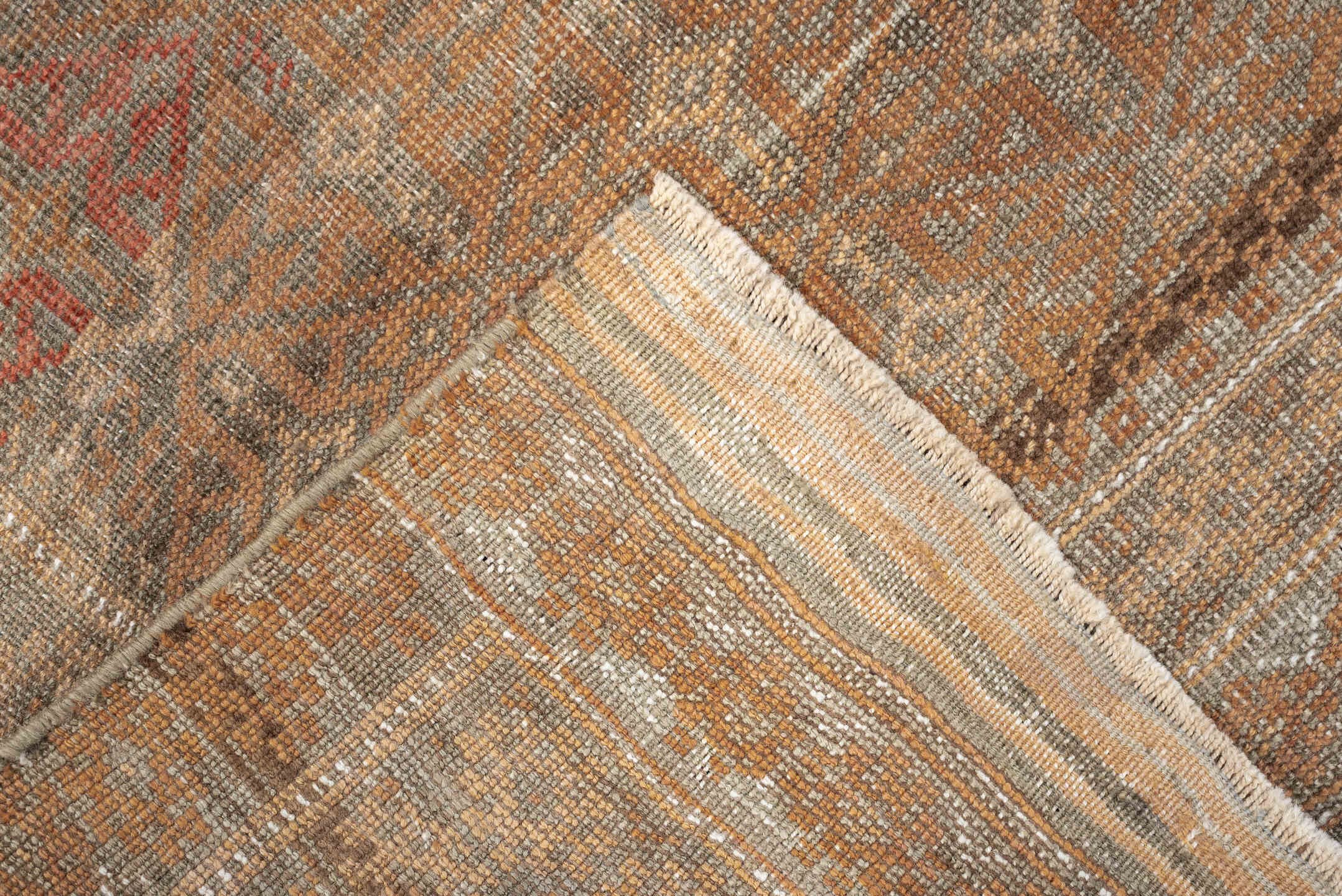 2' x 5' one-of-a-kind handmade antique Belouch small size rug. Color palette: taupe, rust, ivory, camel, brown, charcoal