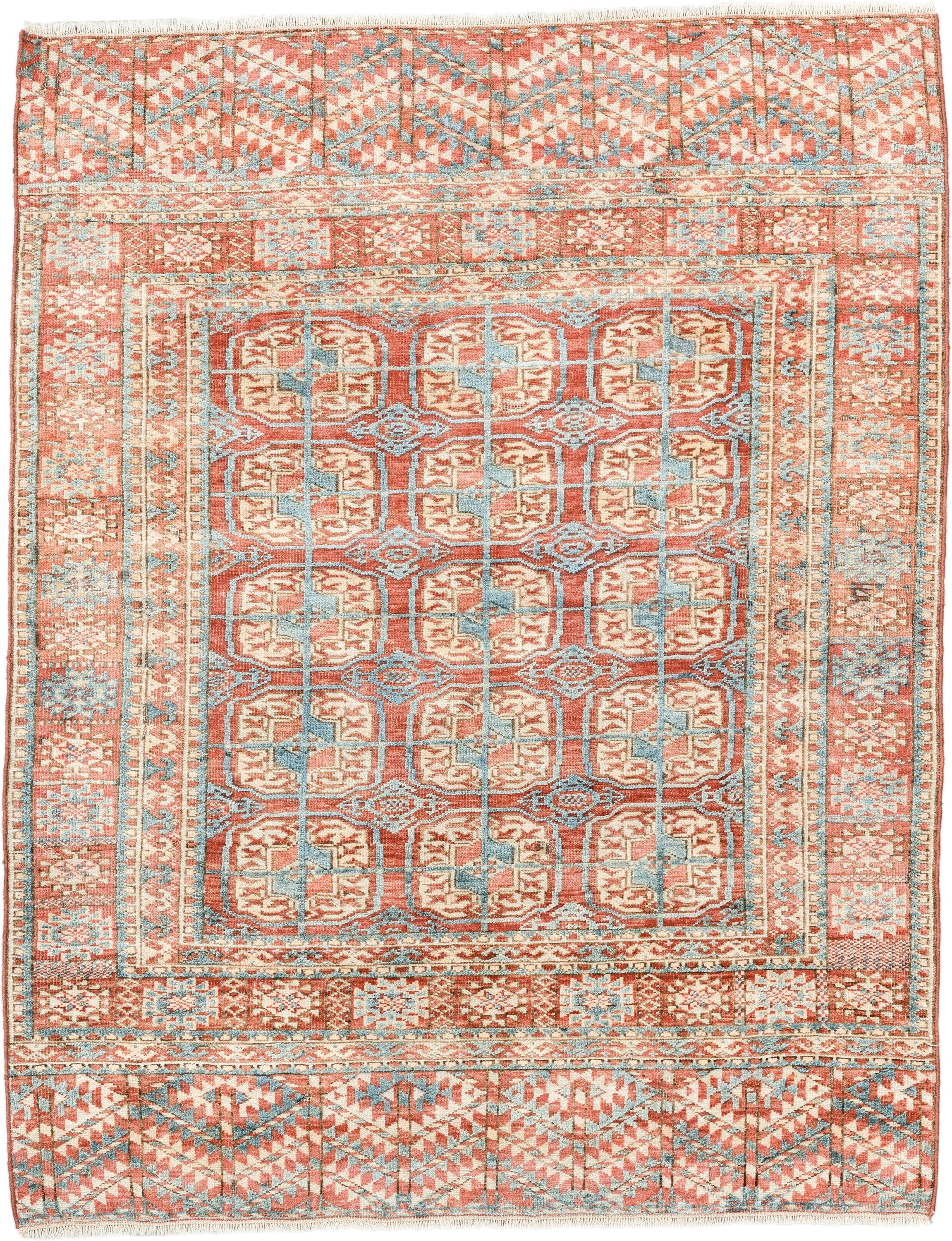 3' x 4' one-of-a-kind handmade antique Bokara small size rug. Color palette: coral, ivory, sky_blue, rust, camel, terracotta