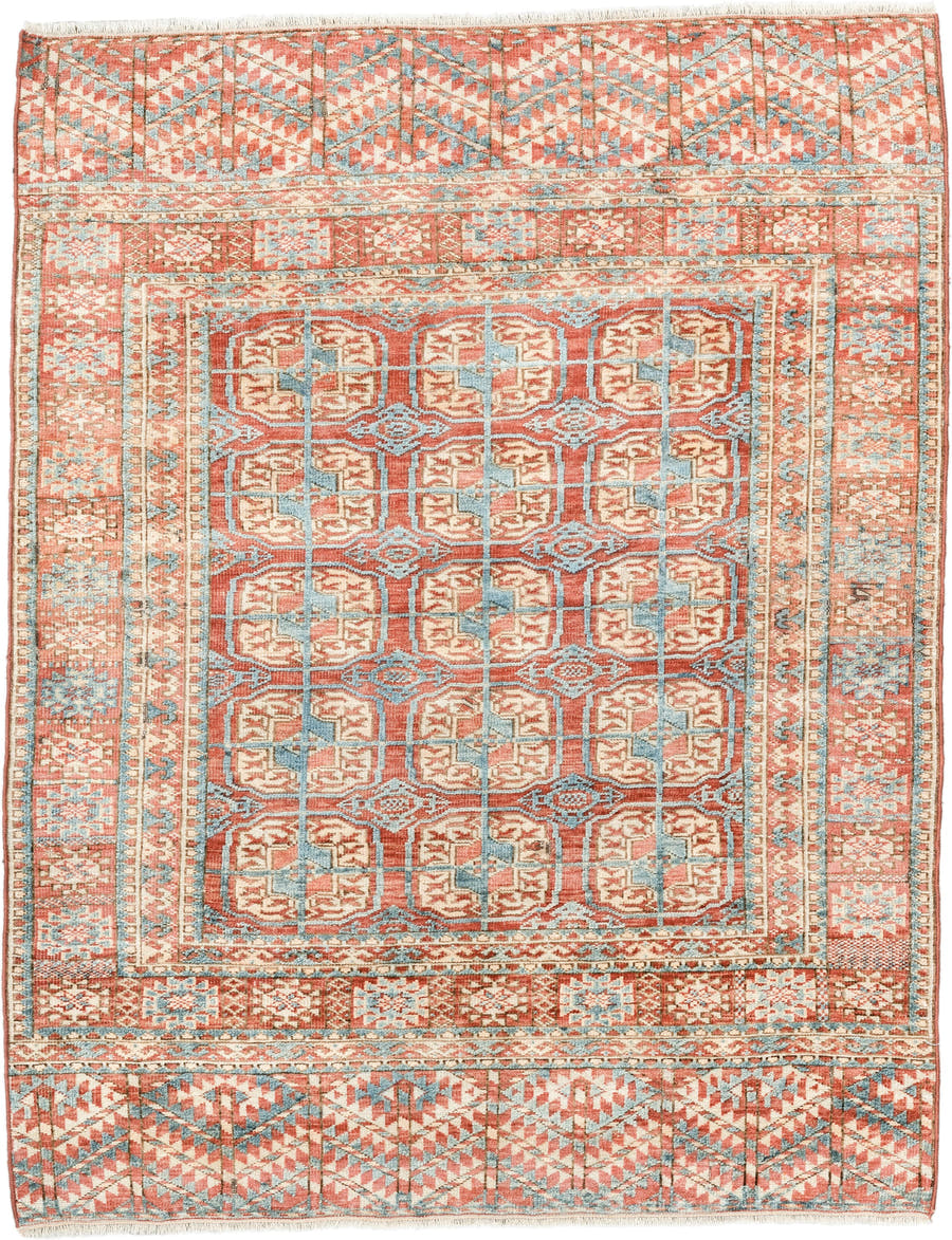 3' x 4' one-of-a-kind handmade antique Bokara small size rug. Color palette: coral, ivory, sky_blue, rust, camel, terracotta