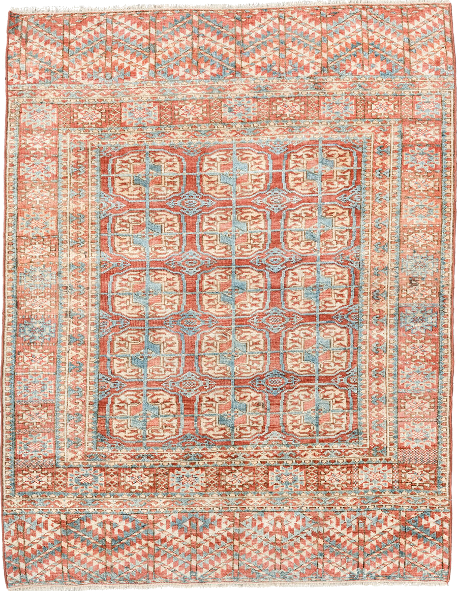3' x 4' one-of-a-kind handmade vintage Bokara small size rug. Color palette: antiquewhite, brown, dark salmon, gray