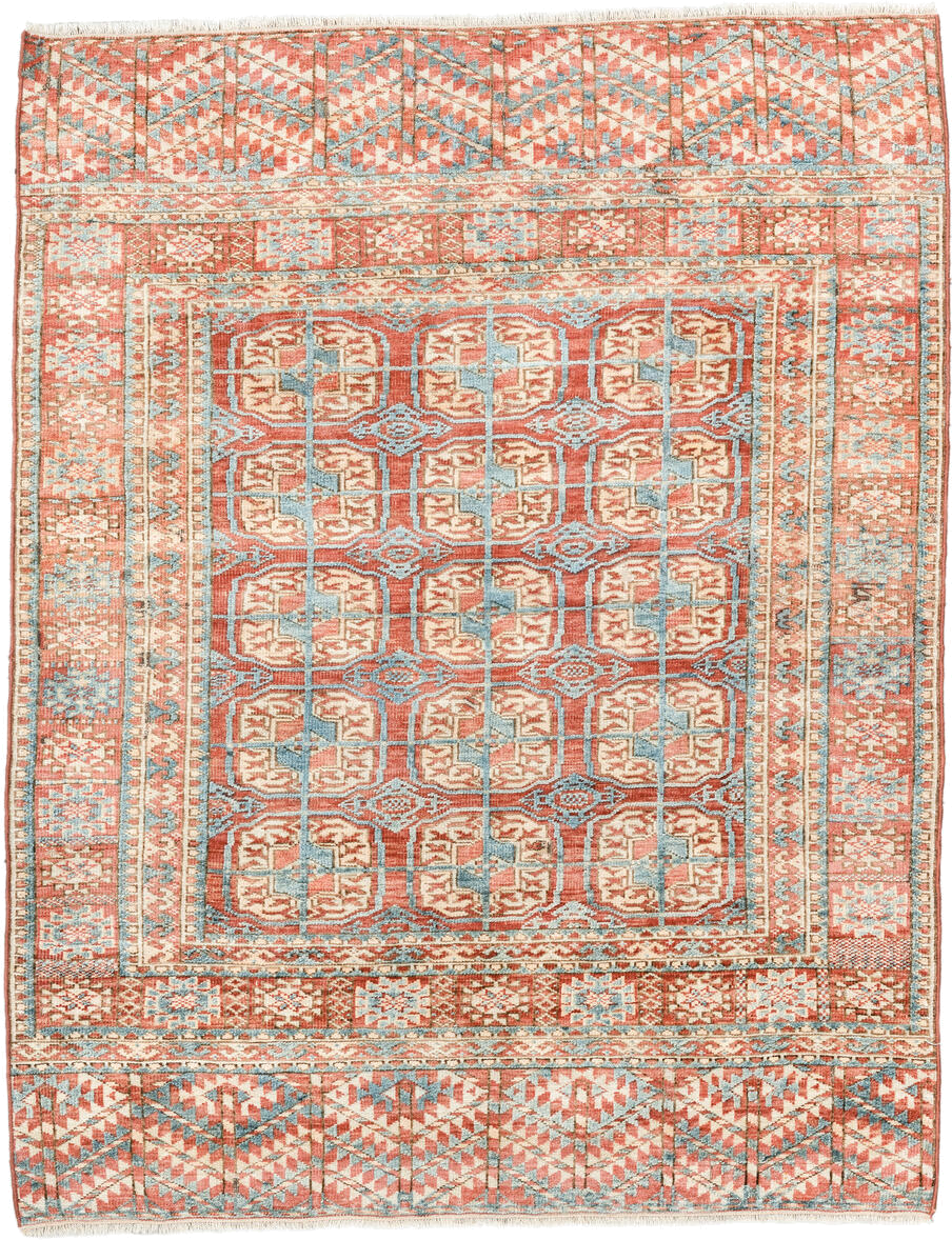 3' x 4' one-of-a-kind handmade antique Bokara small size rug. Color palette: coral, ivory, sky_blue, rust, camel, terracotta