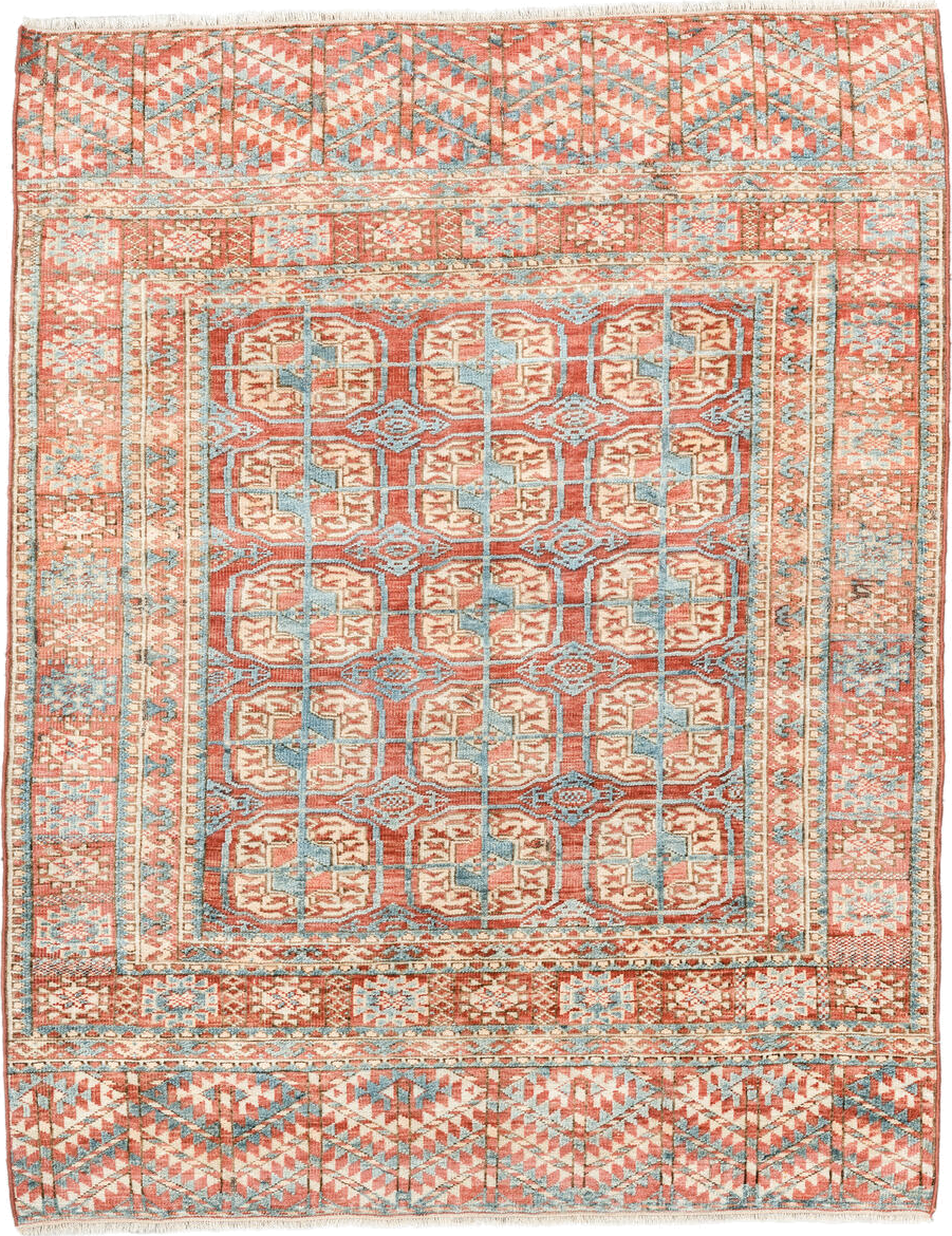 3' x 4' one-of-a-kind handmade vintage Bokara small size rug. Color palette: antiquewhite, brown, dark salmon, gray