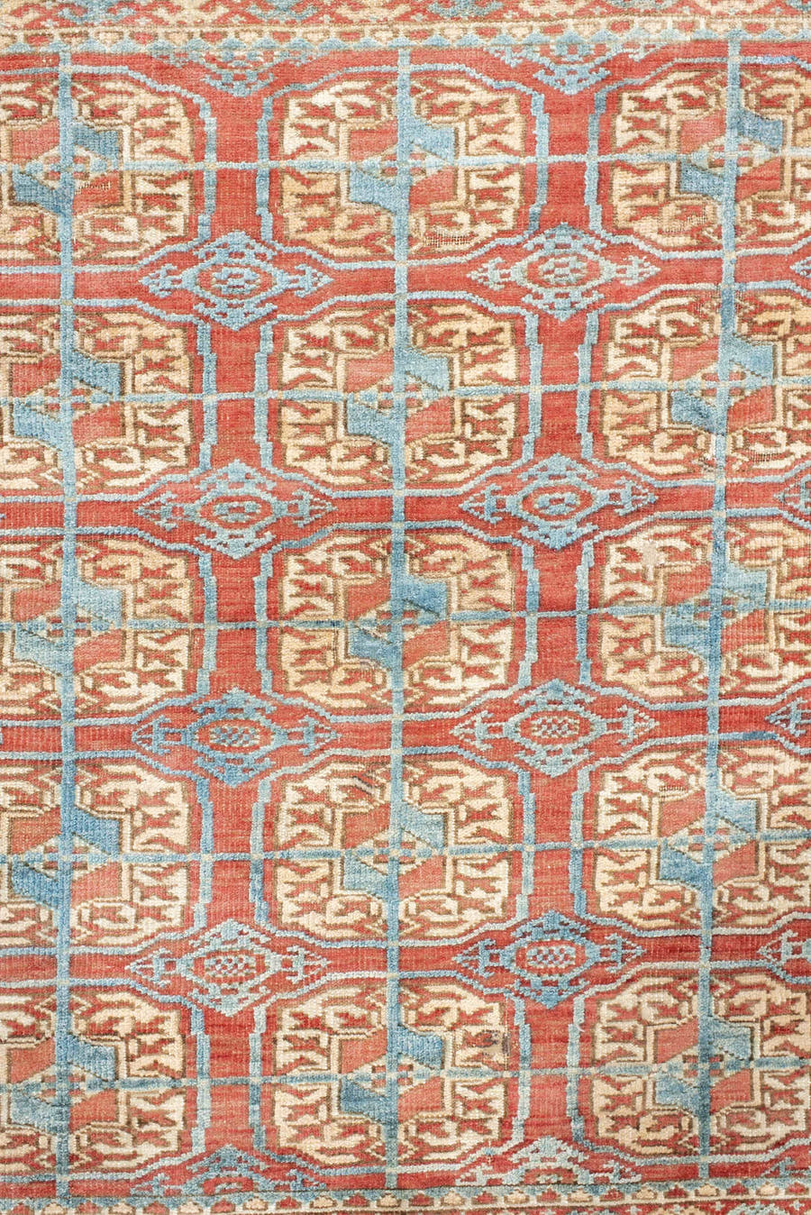 3' x 4' one-of-a-kind handmade antique Bokara small size rug. Color palette: coral, ivory, sky_blue, rust, camel, terracotta