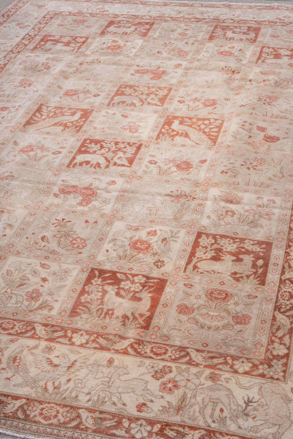 7' x 10' one-of-a-kind handmade vintage Tabriz large size rug. Color palette: ivory, blush, terra cotta, rose, taupe, cream