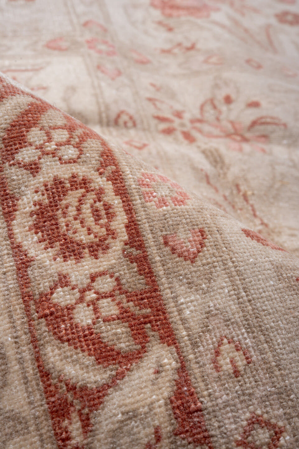7' x 10' one-of-a-kind handmade vintage Tabriz large size rug. Color palette: ivory, blush, terra cotta, rose, taupe, cream