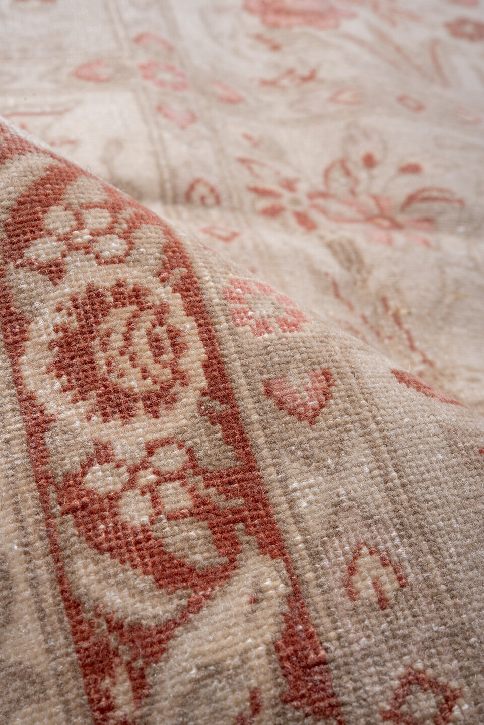 7' x 10' one-of-a-kind handmade vintage Tabriz large size rug. Color palette: ivory, blush, terra cotta, rose, taupe, cream