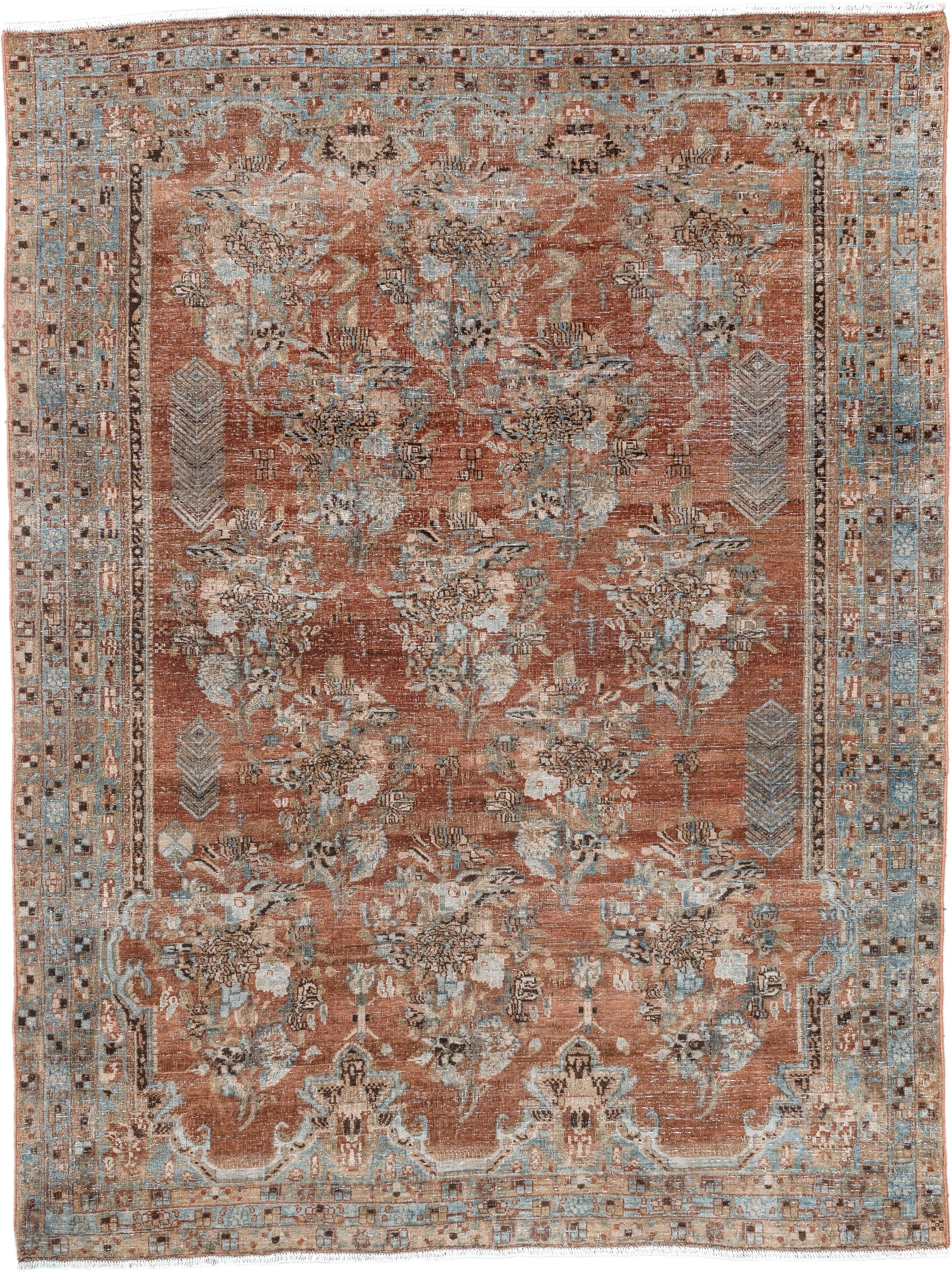 5' x 6' one-of-a-kind handmade vintage Afshar rug. Color palette: terra cotta, sky blue, ivory, taupe, brown, charcoal