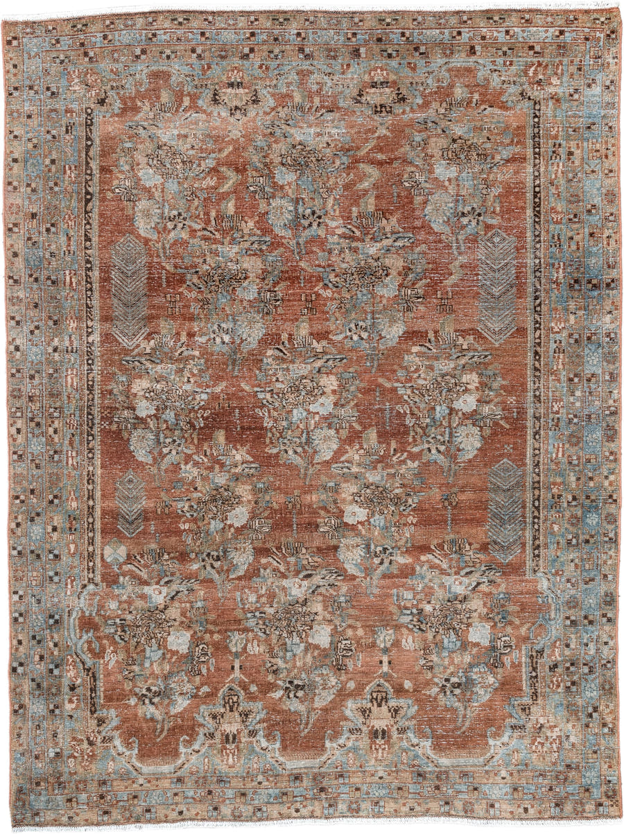 5' x 6' one-of-a-kind handmade vintage Afshar rug. Color palette: terra cotta, sky blue, ivory, taupe, brown, charcoal