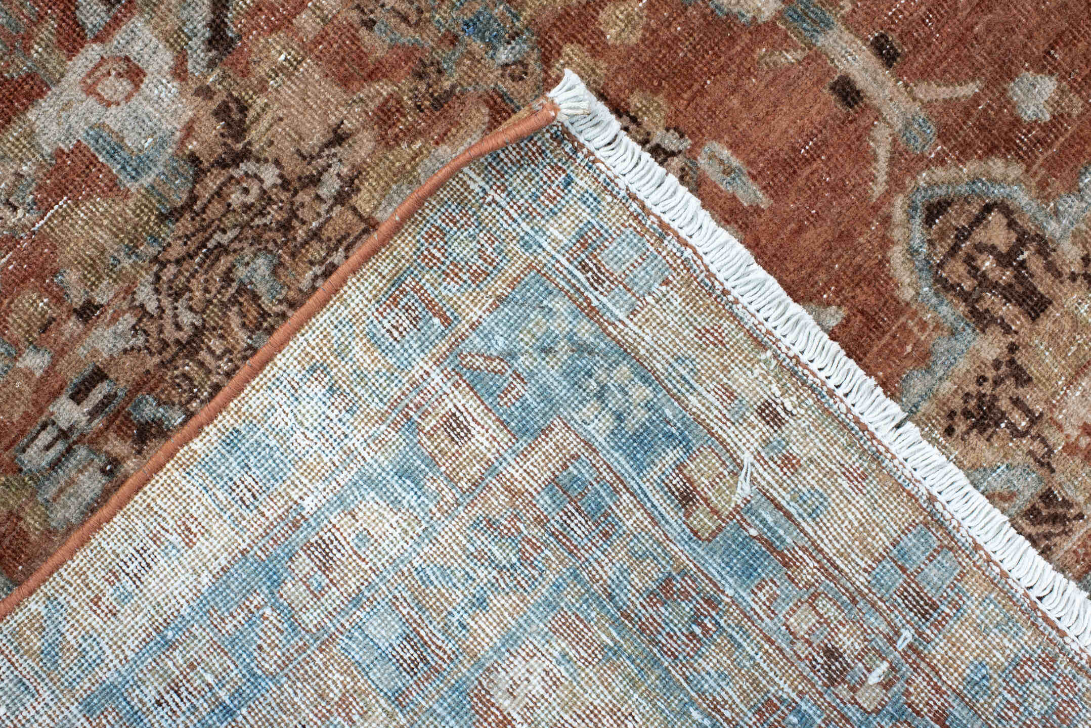 5' x 6' one-of-a-kind handmade vintage Afshar rug. Color palette: terra cotta, sky blue, ivory, taupe, brown, charcoal