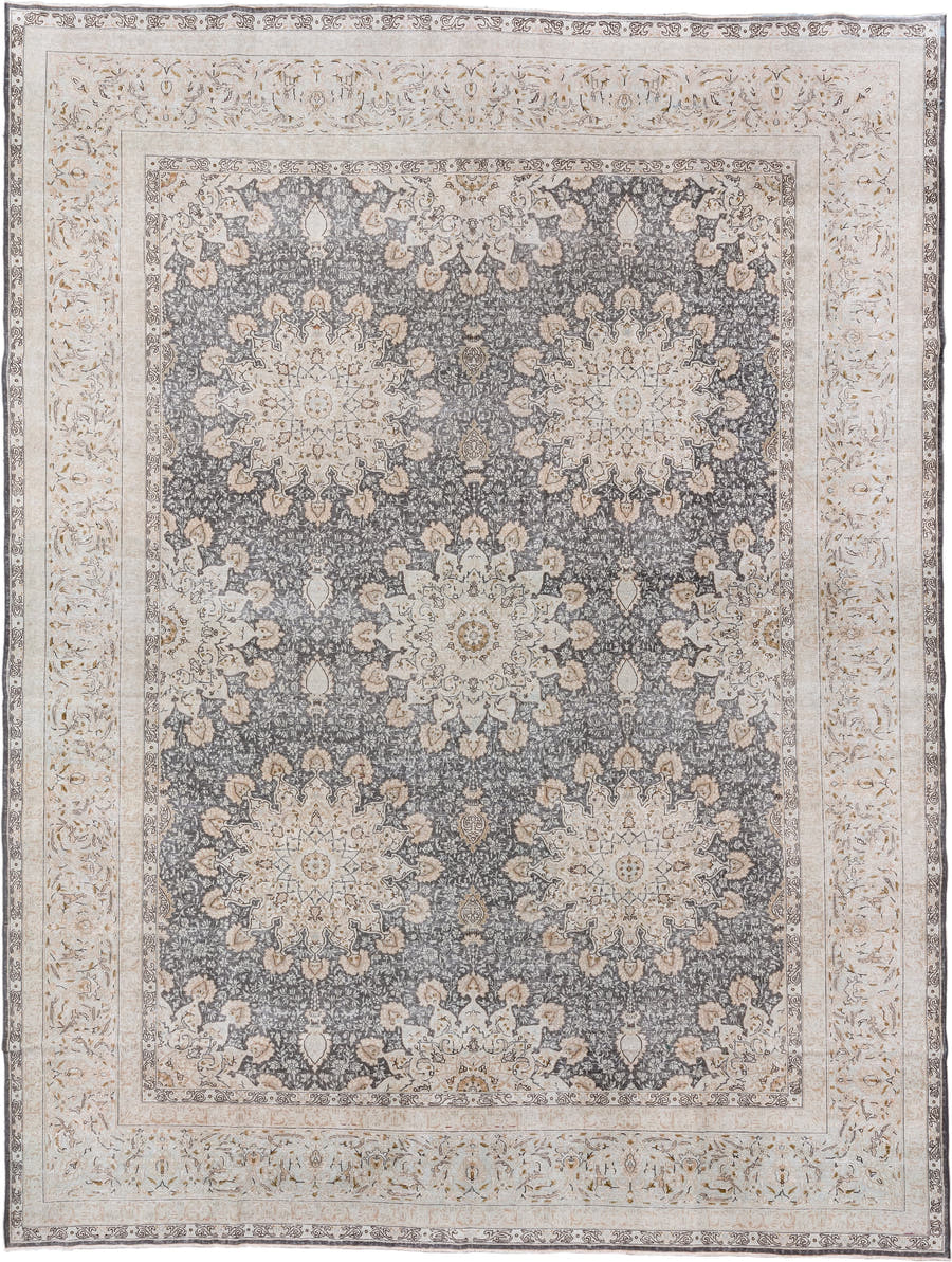 9' x 12' one-of-a-kind handmade vintage Kerman large size rug. Color palette: ivory, gray, taupe, beige, gold, charcoal