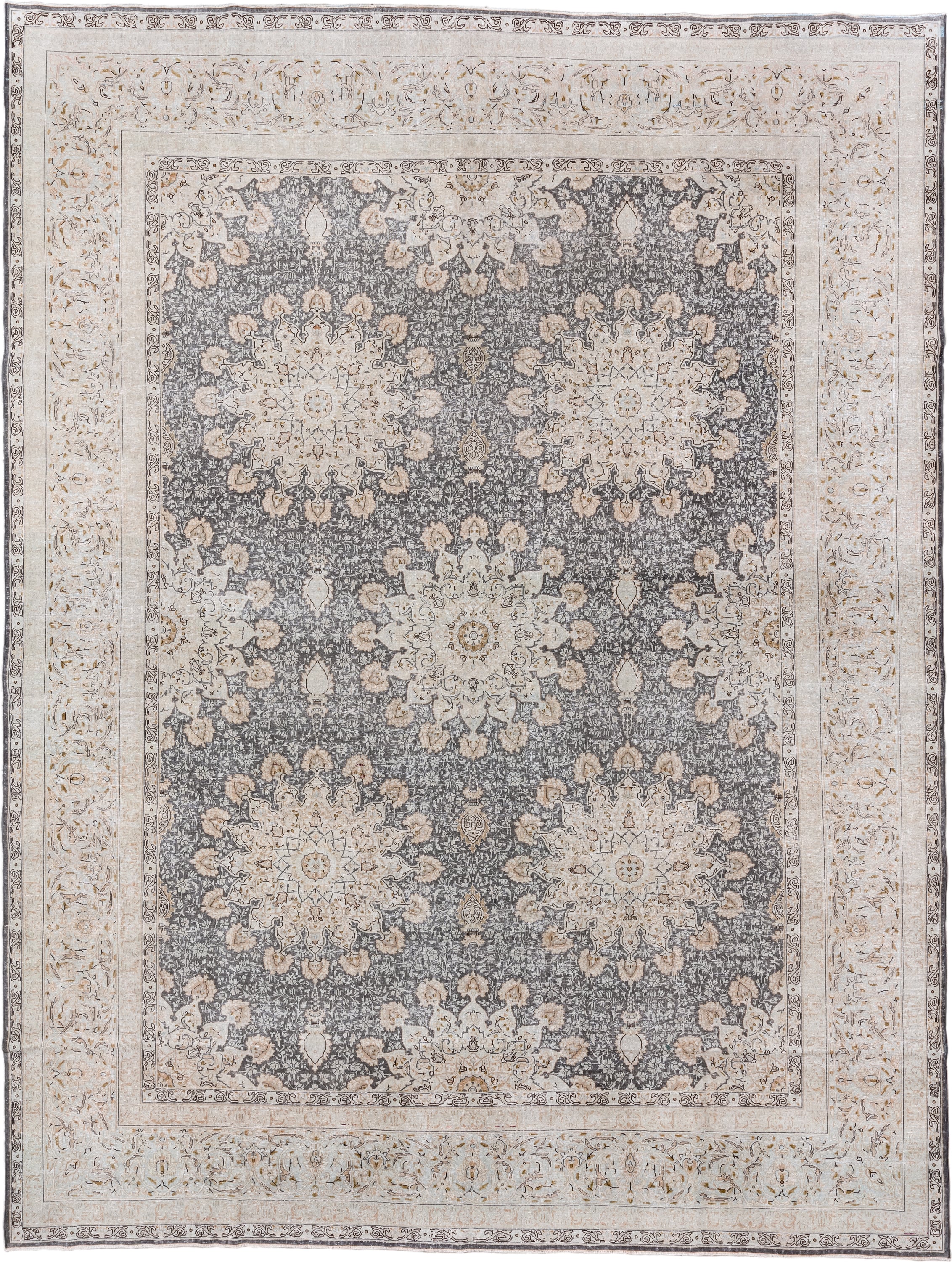 9' x 12' one-of-a-kind handmade vintage Kerman large size rug. Color palette: ivory, gray, taupe, beige, gold, charcoal