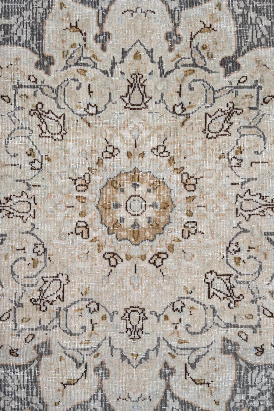 9' x 12' one-of-a-kind handmade vintage Kerman large size rug. Color palette: ivory, gray, taupe, beige, gold, charcoal