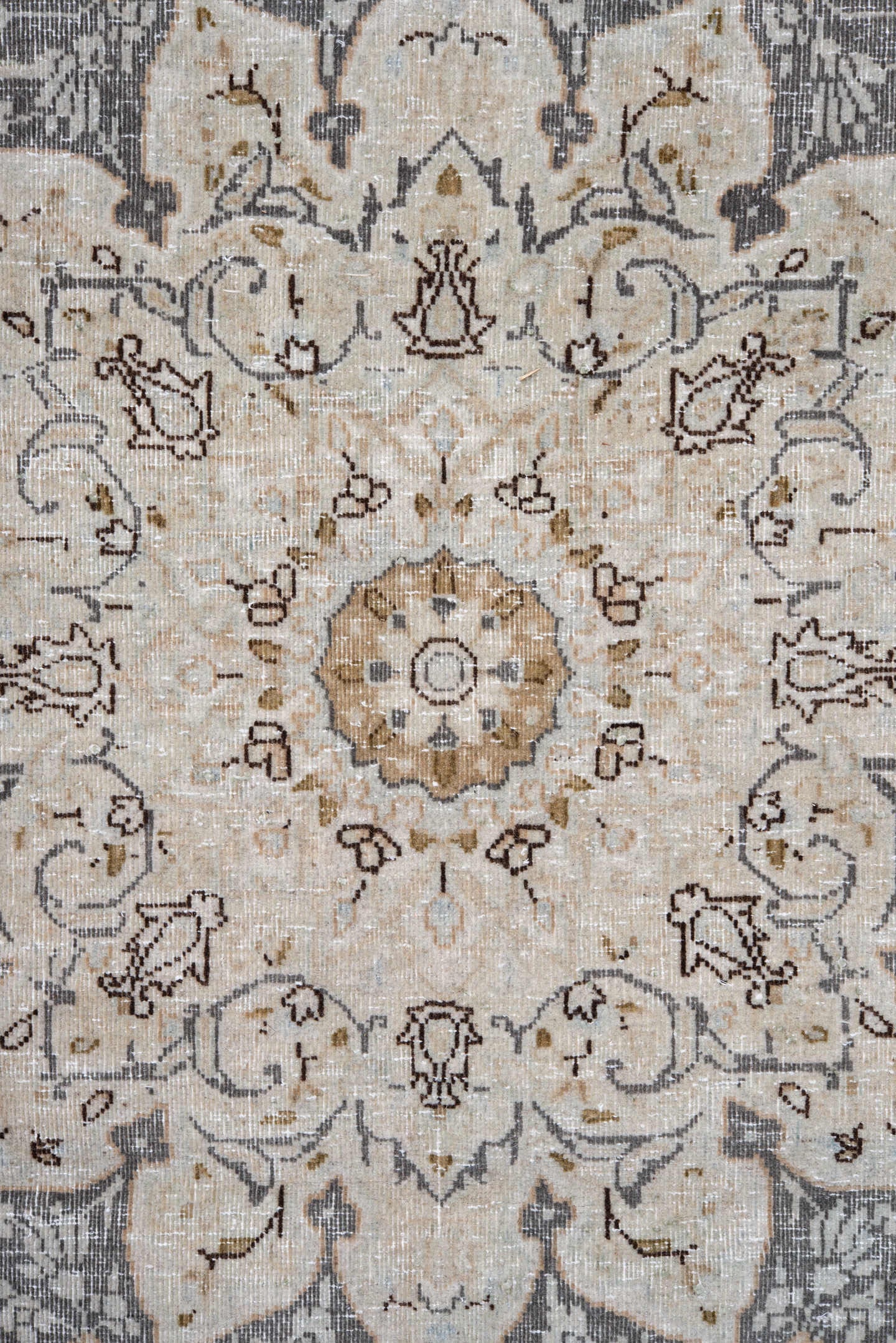 9' x 12' one-of-a-kind handmade vintage Kerman large size rug. Color palette: ivory, gray, taupe, beige, gold, charcoal