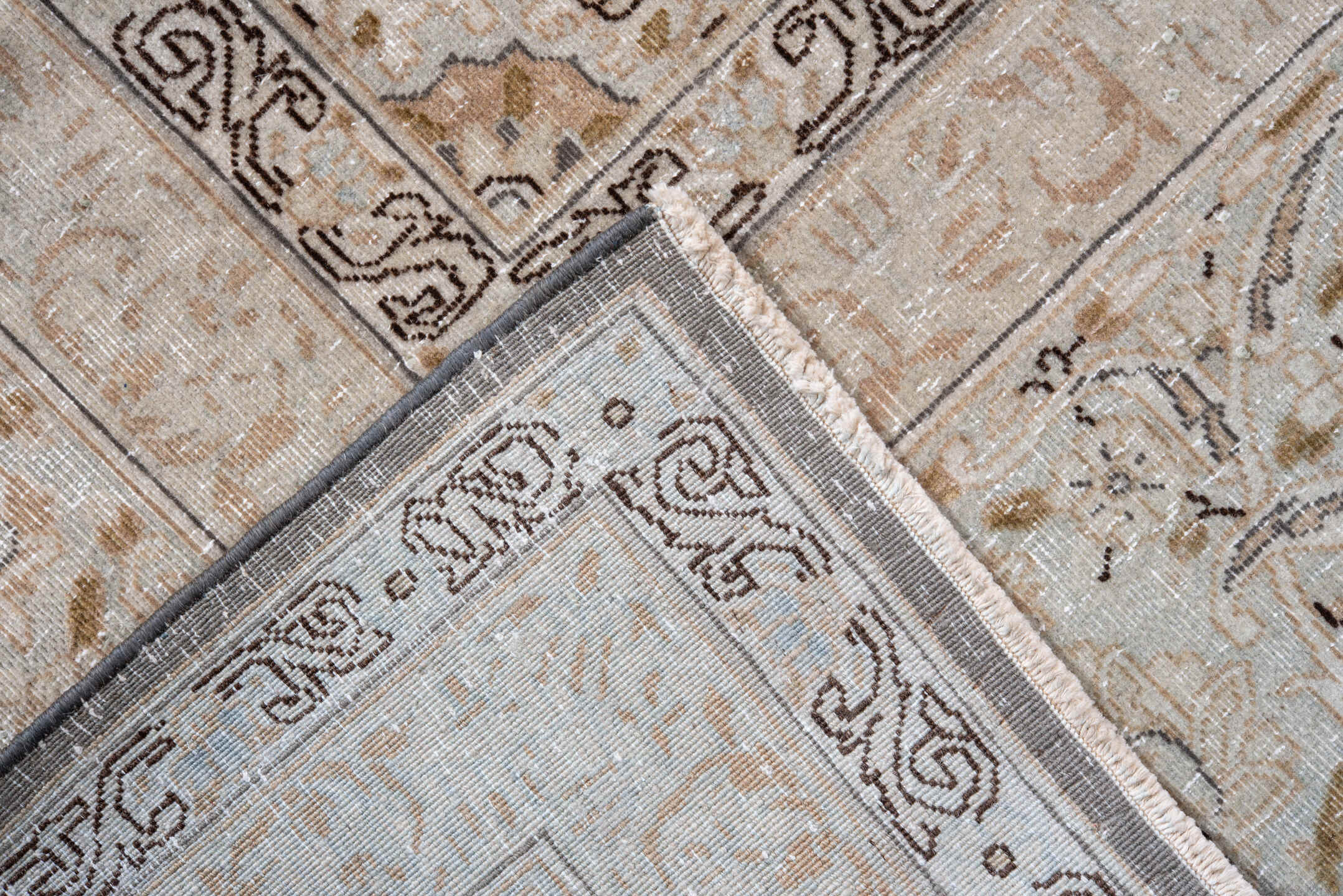 9' x 12' one-of-a-kind handmade vintage Kerman large size rug. Color palette: ivory, gray, taupe, beige, gold, charcoal