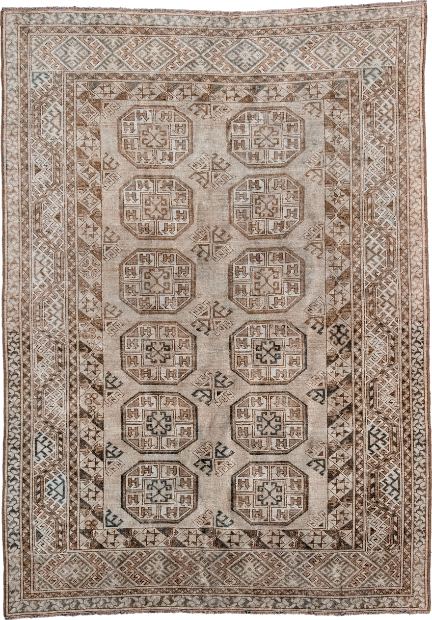 5' x 7' one-of-a-kind handmade vintage Afghan rug. Color palette: black, brown, gray, light gray, off-white, pink, silver
