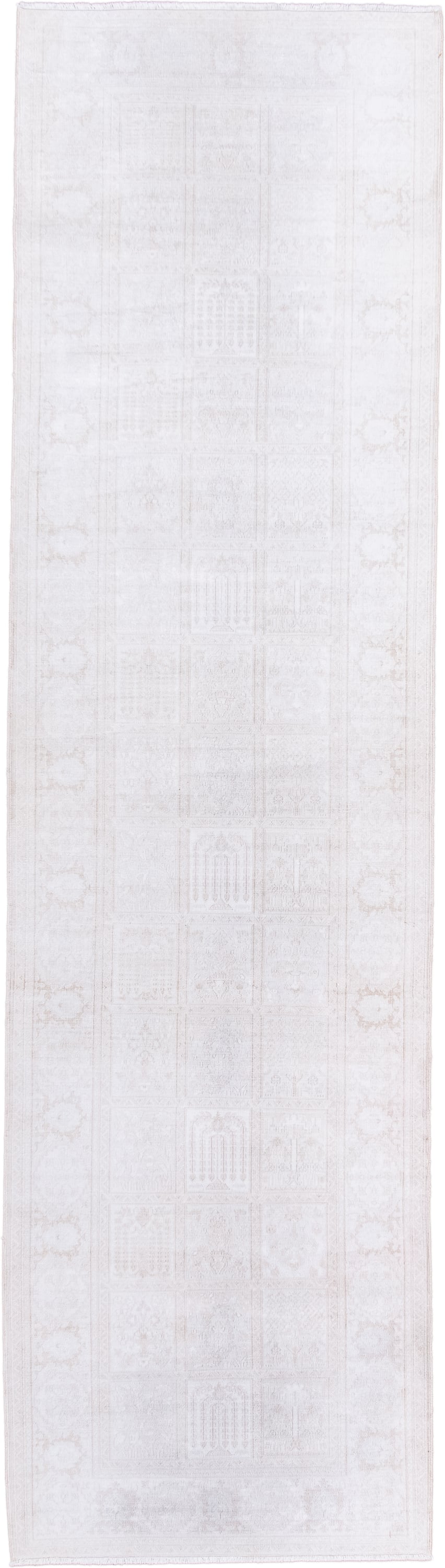 2' x 9' one-of-a-kind handmade antique Kaisary runner rug. Color palette: ivory, cream, taupe, beige, pale blush, gray, pink