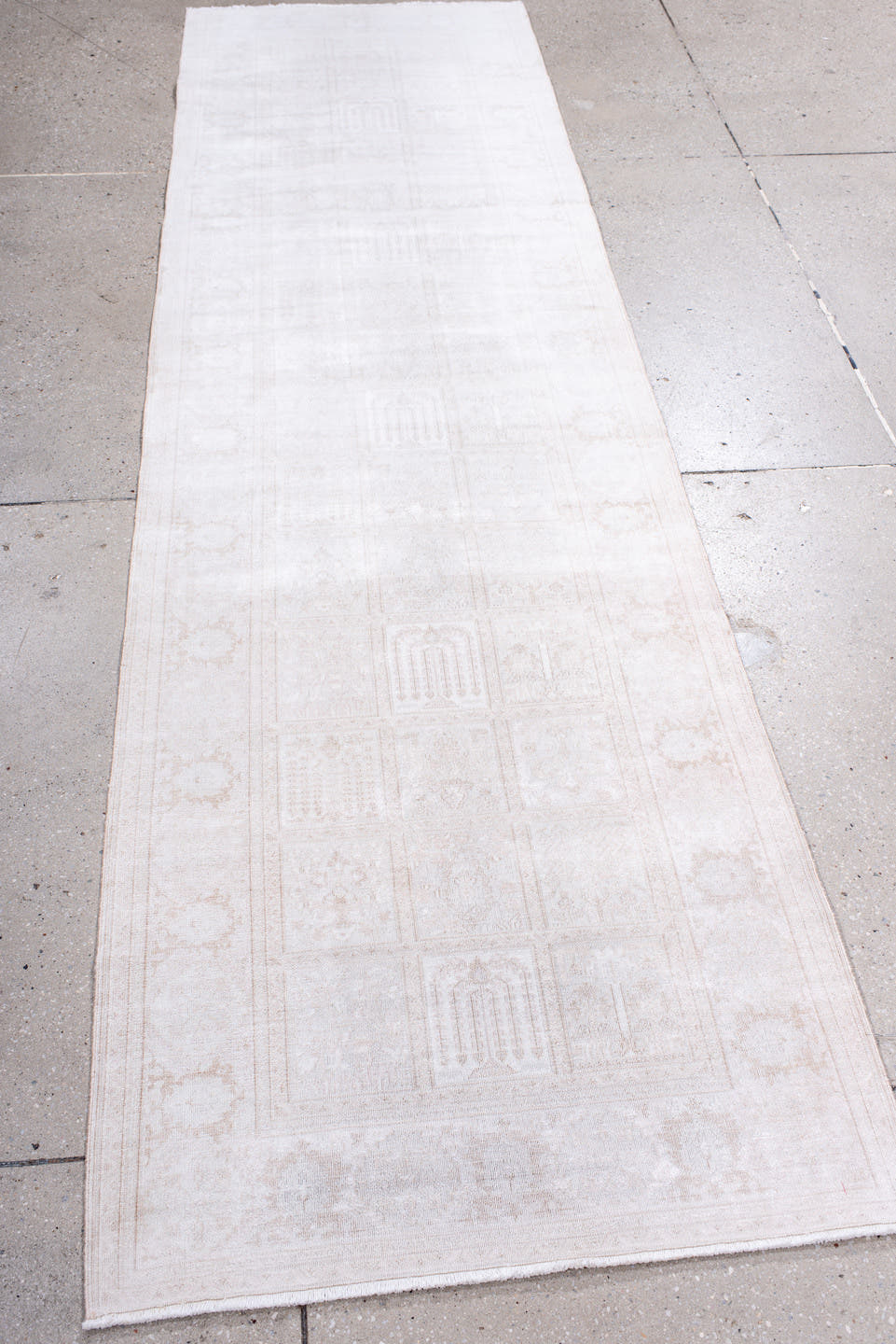 2' x 9' one-of-a-kind handmade antique Kaisary runner rug. Color palette: ivory, cream, taupe, beige, pale blush, gray, pink