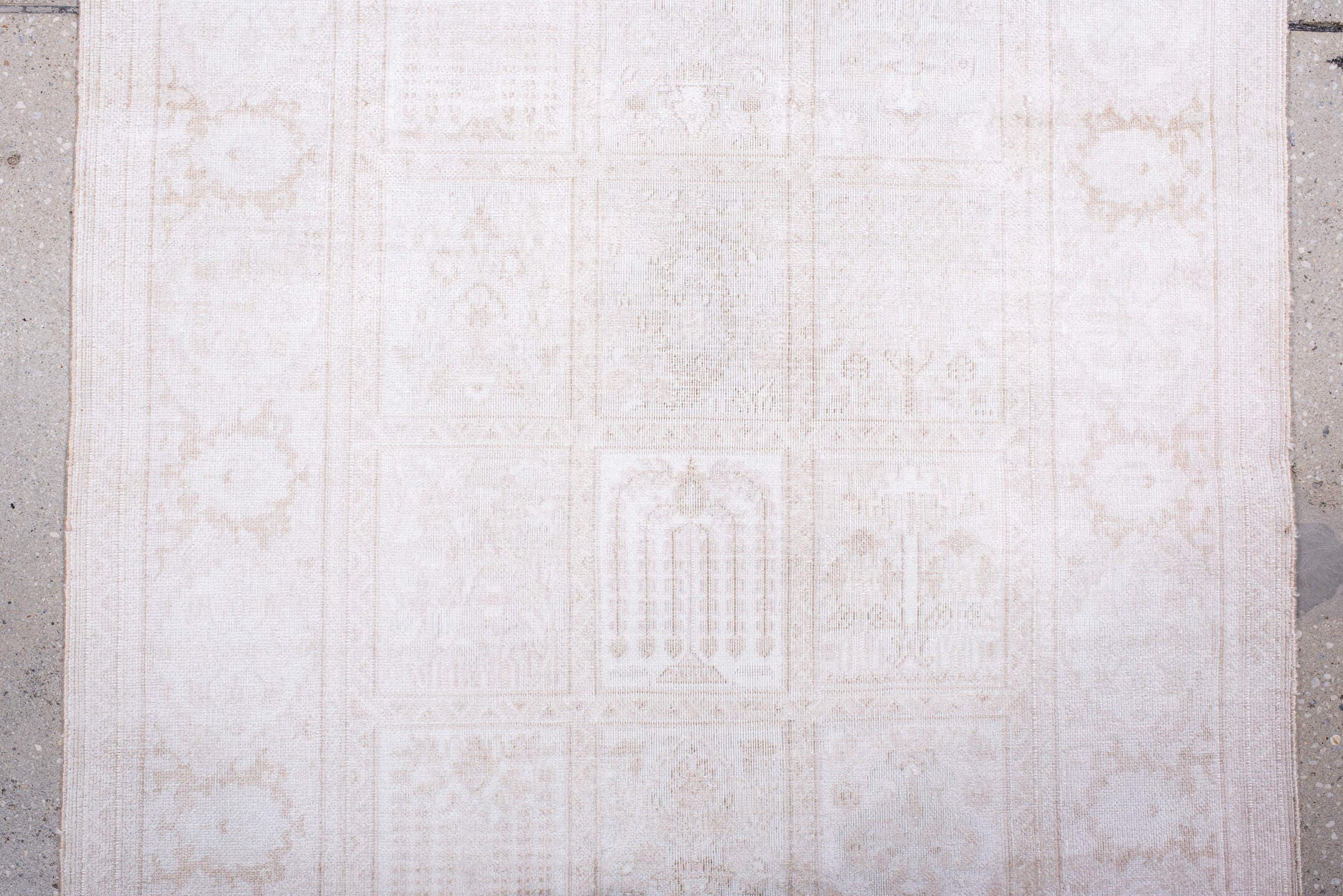 2' x 9' one-of-a-kind handmade antique Kaisary runner rug. Color palette: ivory, cream, taupe, beige, pale blush, gray, pink