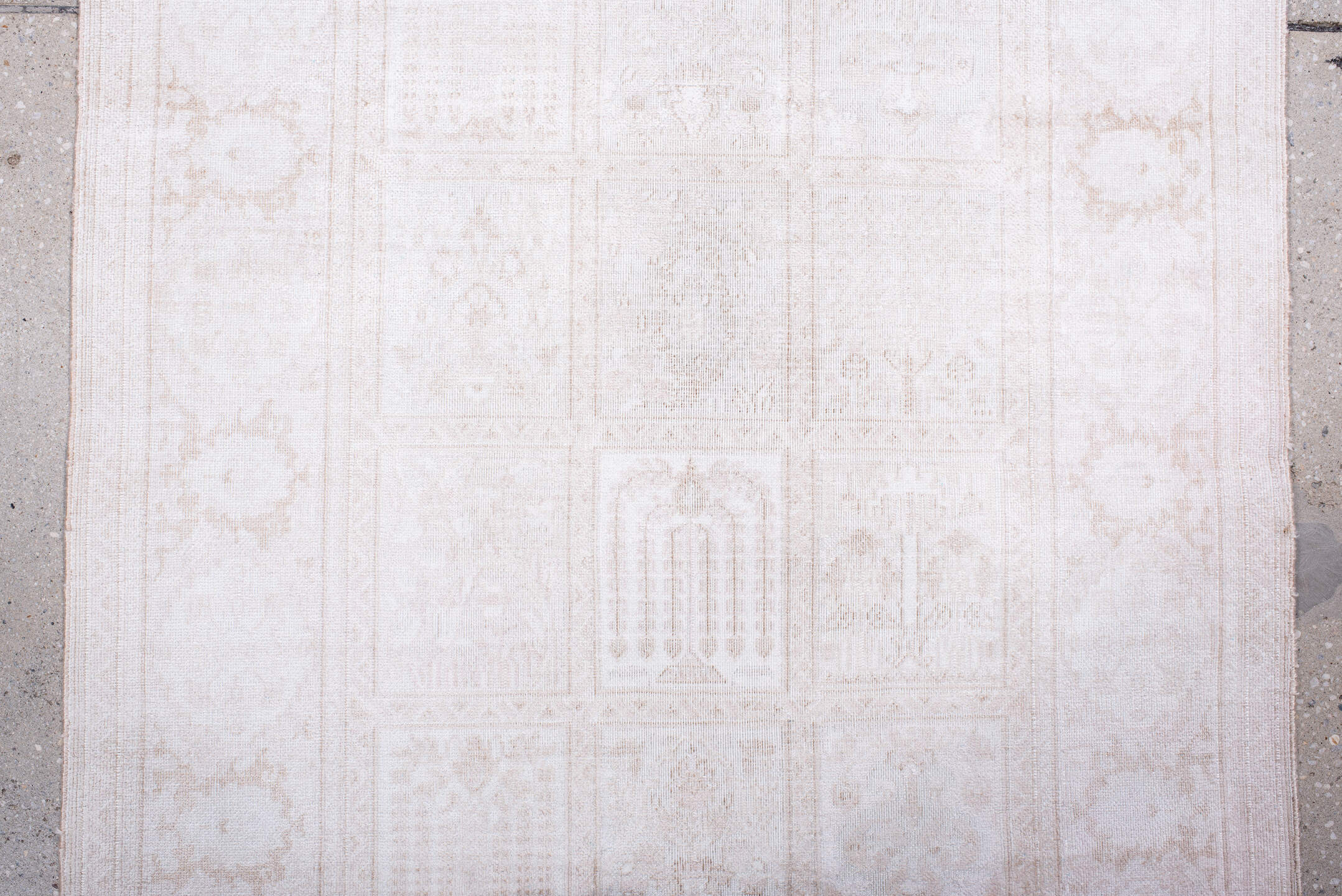 2' x 9' one-of-a-kind handmade antique Kaisary runner rug. Color palette: ivory, cream, taupe, beige, pale blush, gray, pink
